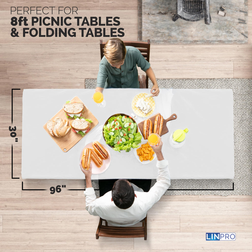 Linpro 5Pk Plastic Table Cloths Disposable For Parties 8Ft Picnic Table Covers With Elastic Fitted Camping Tablecloth Elastic Table Cover Rectangle White Tablecloth Waterproof Outdoor & Folding Tables