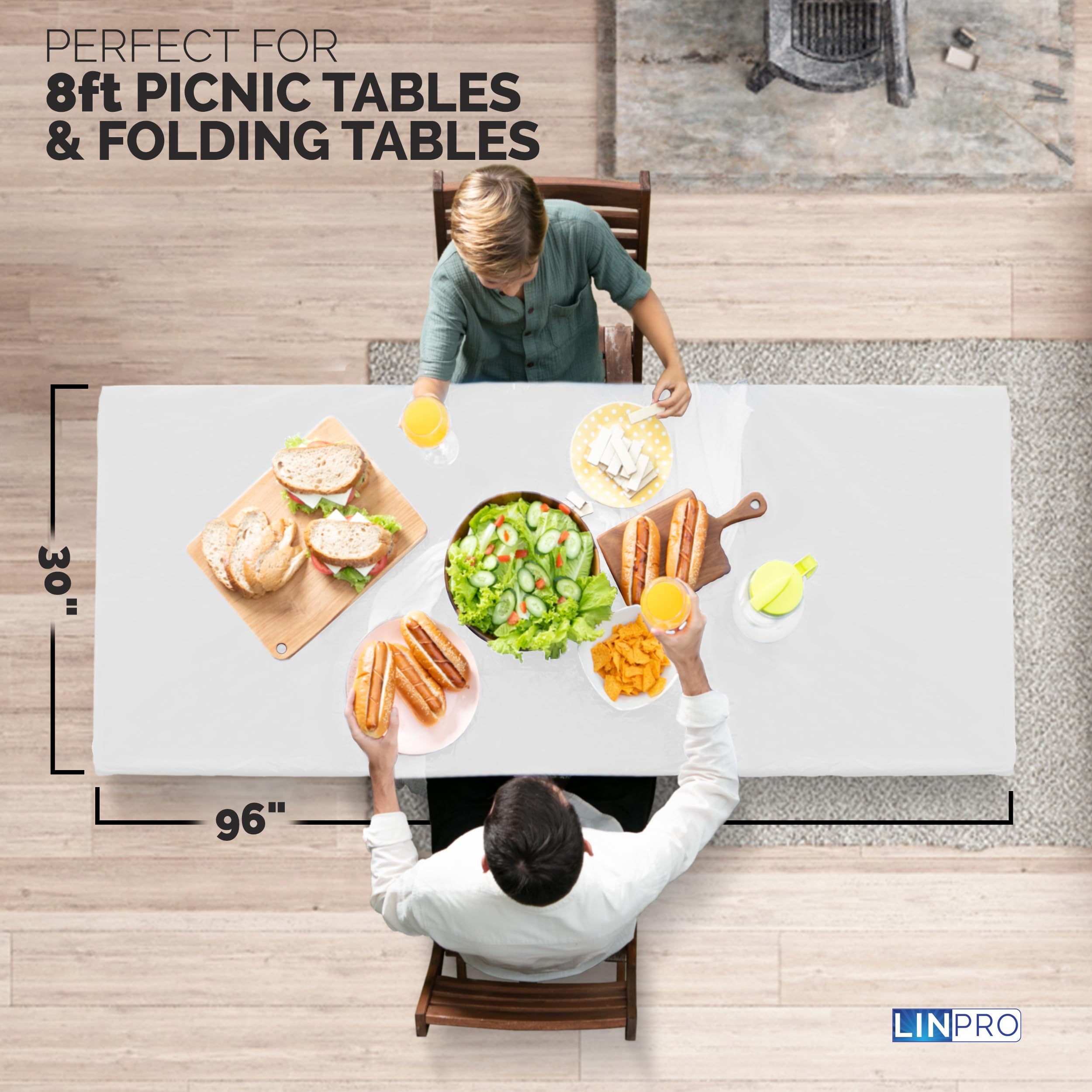 Linpro 5Pk Plastic Table Cloths Disposable For Parties 8Ft Picnic Table Covers With Elastic Fitted Camping Tablecloth Elastic Table Cover Rectangle White Tablecloth Waterproof Outdoor & Folding Tables