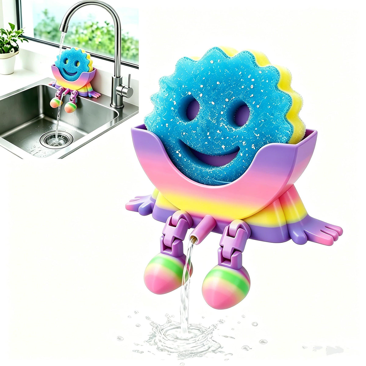 Rainbow Hanging Sponge Holder with Smiley Face  Drainable Kitchen Sink Organizer, Cute Sponge Stand with Blue Scrub Sponge Incl