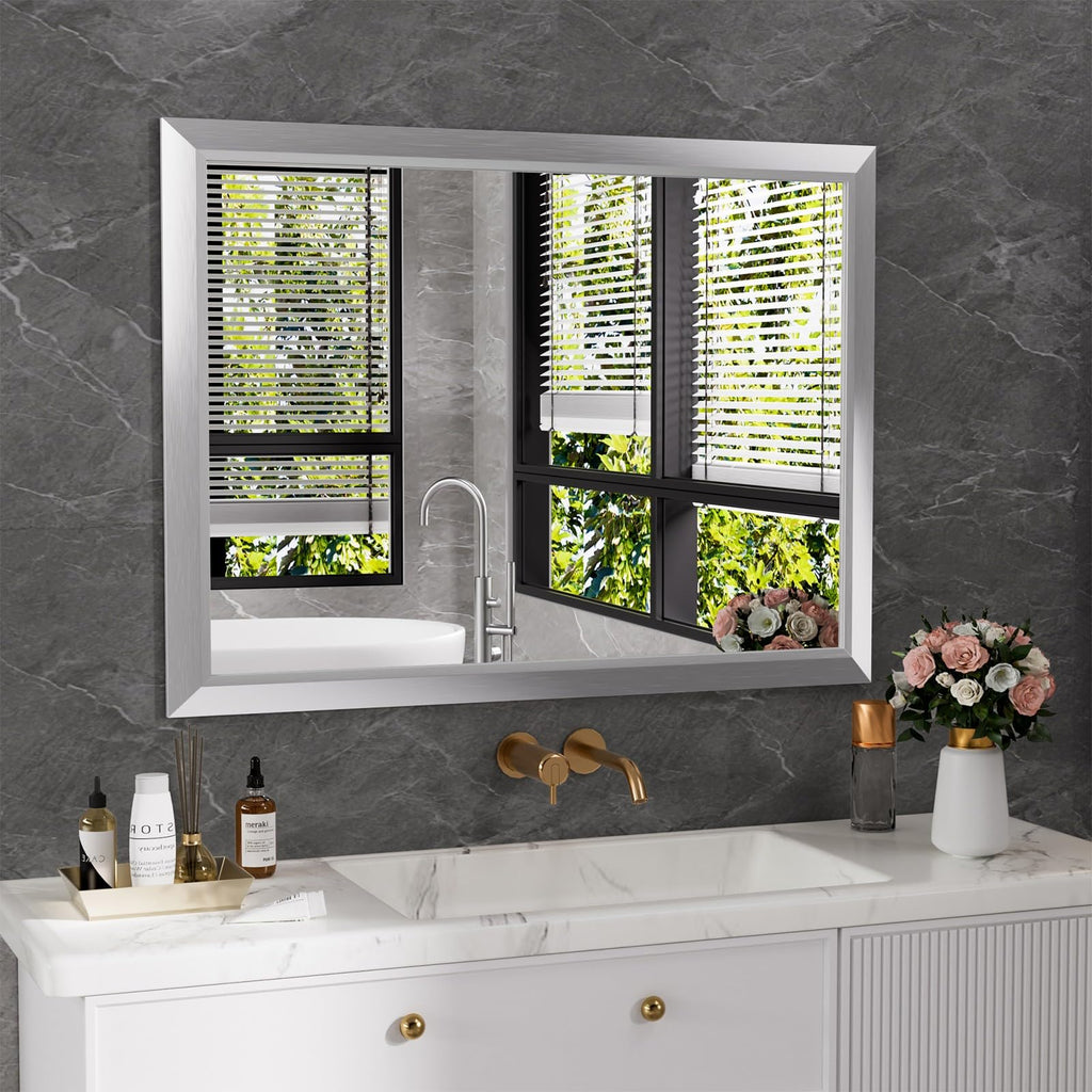 Amorho 40x30 Inch Bathroom Mirror Silver, Thick Metal Framed Wall Mirrors for Over Sink, Brushed Nickel Mirror Perfect for Bedro