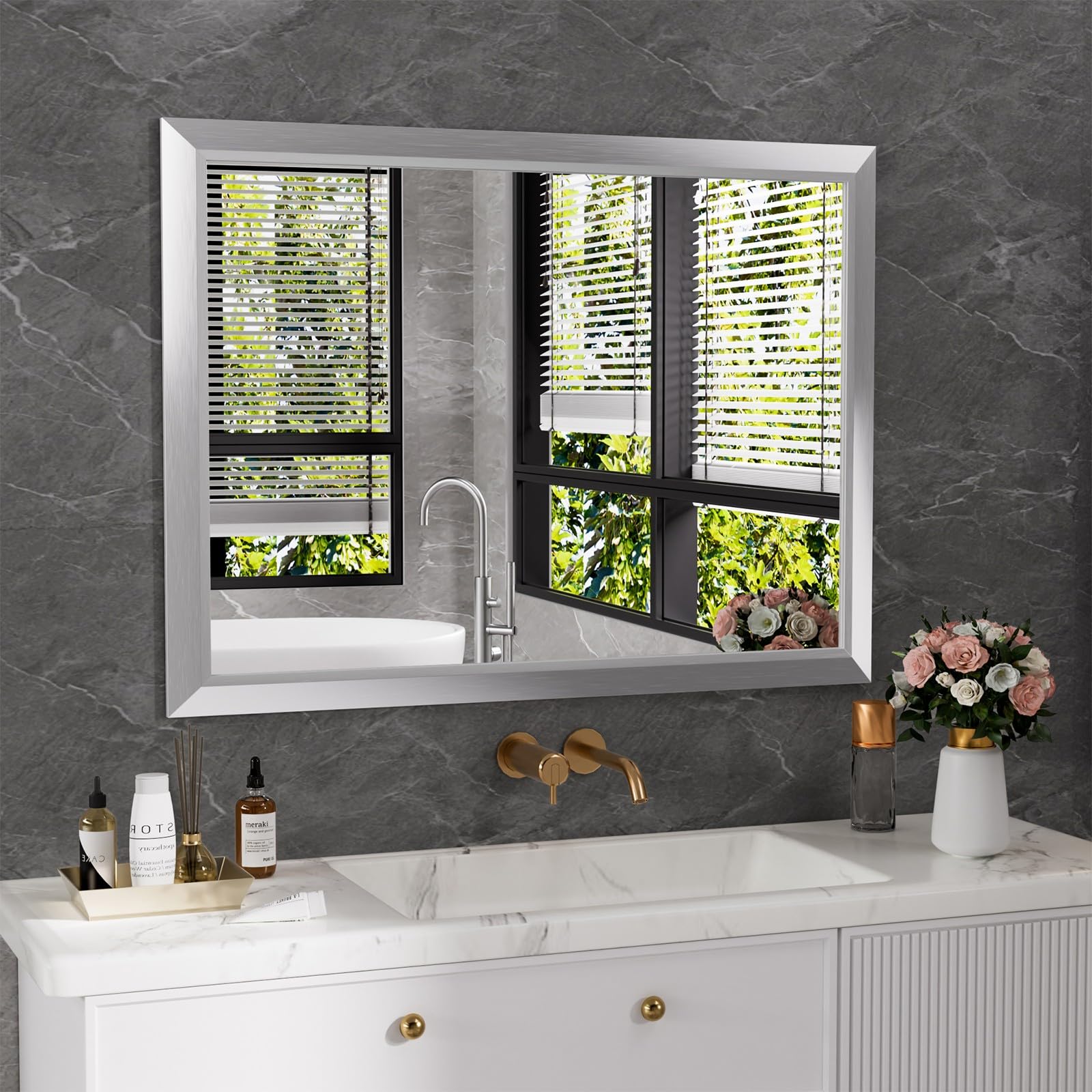 Amorho 40x30 Inch Bathroom Mirror Silver, Thick Metal Framed Wall Mirrors for Over Sink, Brushed Nickel Mirror Perfect for Bedro