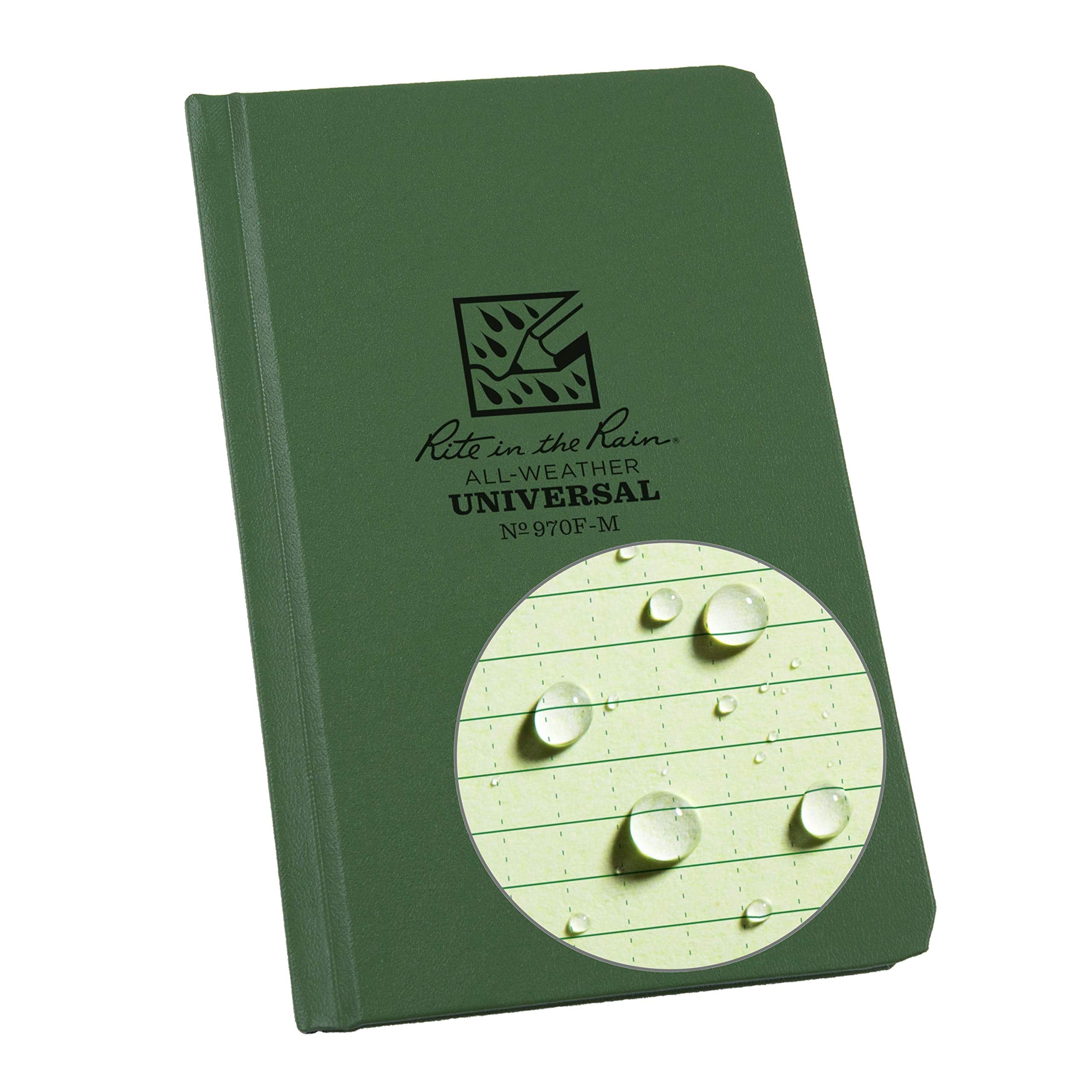 Rite In The Rain Weatherproof Hard Cover Notebook, 4 1/4' X 6 3/4', Green Cover, Universal Pattern (No. 970F-M), 6.75 X 4.25 X