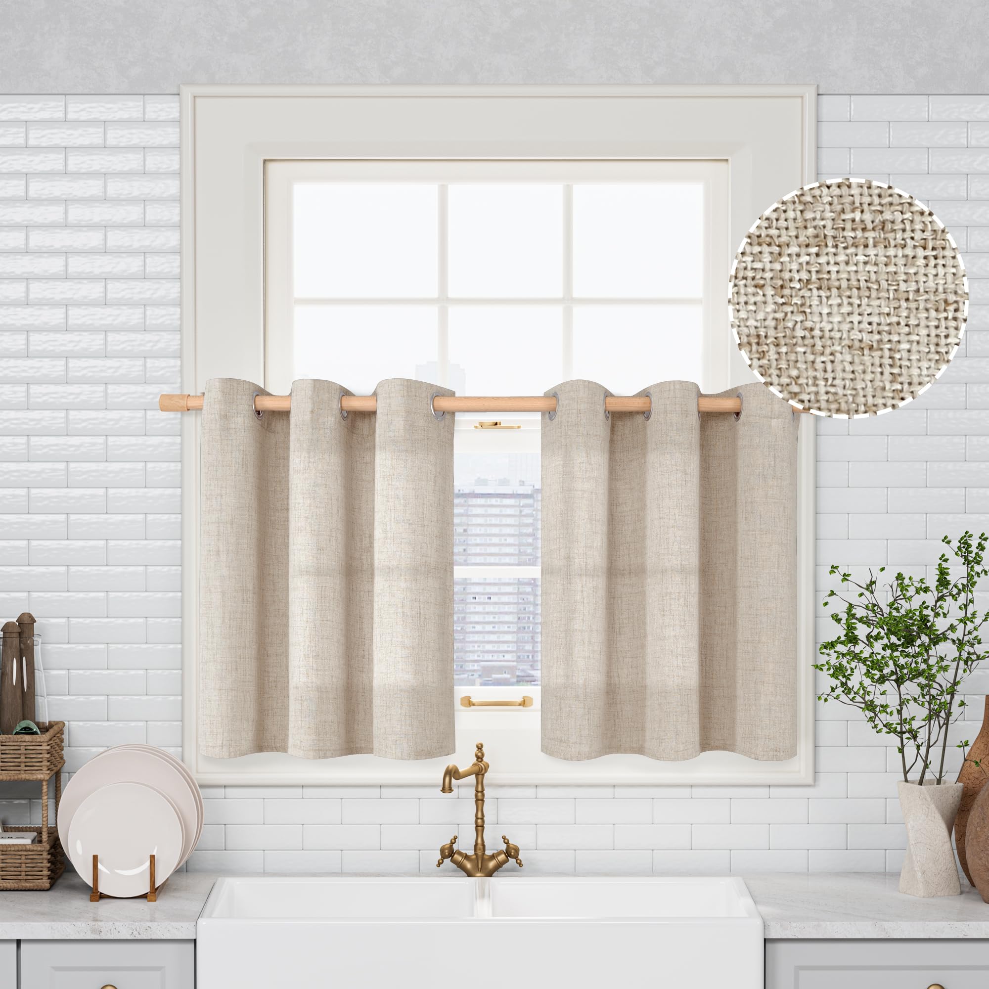 QUEMAS Short Linen Curtains 36 Inch Length for Bedroom Window Light Filtering, Thick Burlap Semi Sheer Non See Through Grommet L