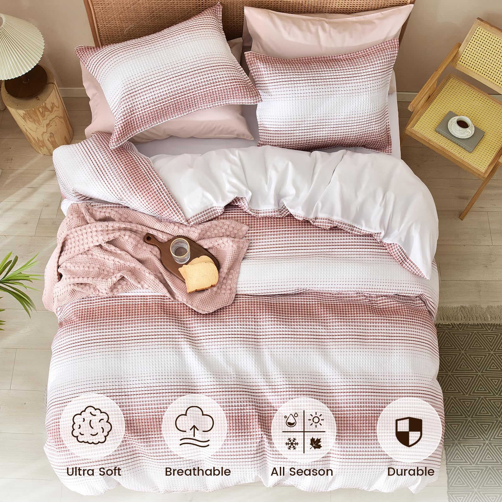 Phf Waffle Weave Duvet Cover Set Queen Size, Striped Yarn-Dyed Texture Soft Breathable Durable Comforter Cover For All Season, Duvet Cover With Pillow Shams Bedding Collection, 90'X90',White And Brick