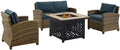 Crosley Furniture Bradenton 4-Piece Wicker Outdoor Loveseat Patio Furniture Set with Gas Fire Pit Table, Brown with Navy Cushions