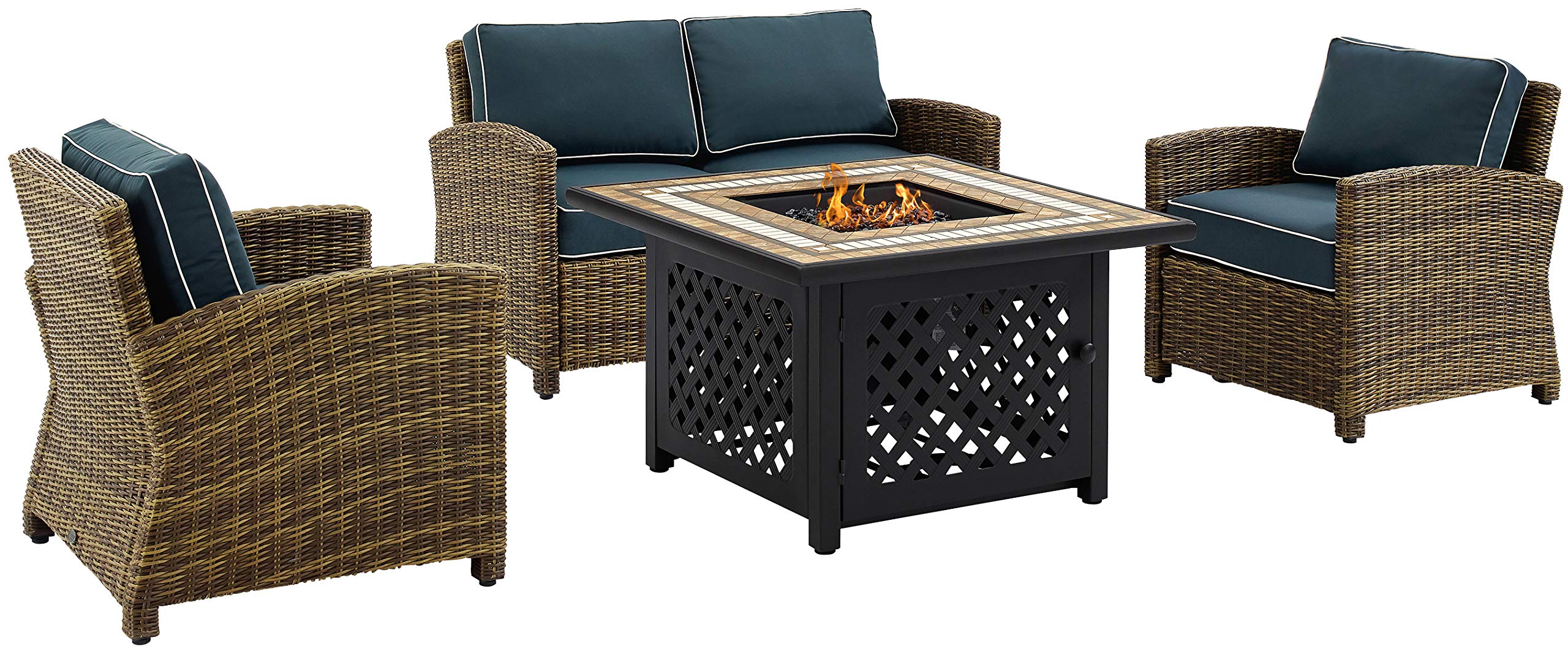 Crosley Furniture Bradenton 4-Piece Wicker Outdoor Loveseat Patio Furniture Set with Gas Fire Pit Table, Brown with Navy Cushions
