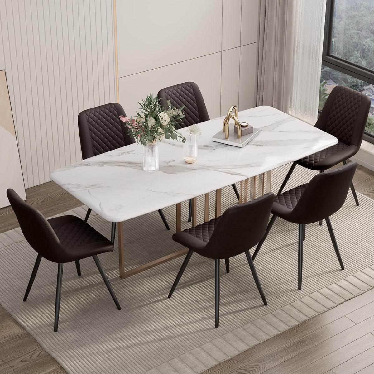 Aivermeil Modern Dining Chairs Set Of 6, Top Pu Leather Upholstered Dining Room Chairs With Metal Legs, Dark Brown
