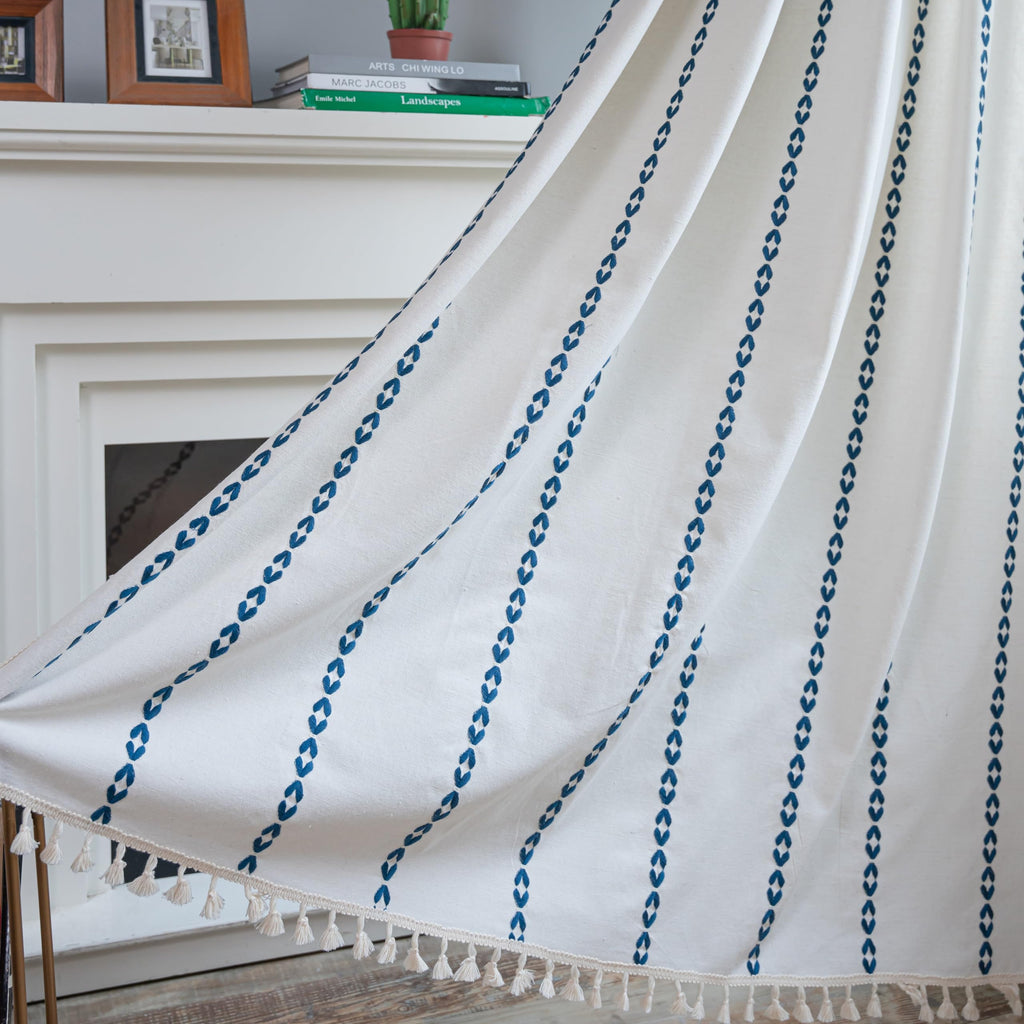 Sutuo Home Boho Curtains 90 Inches For Bedroom Living Room, Semi Blackout Farmhouse Vintage Tassels Window Treatment Bohemian Embroidery Drape, Rod Pocket 1 Panel 52' W X 90' L, White And Navy Blue