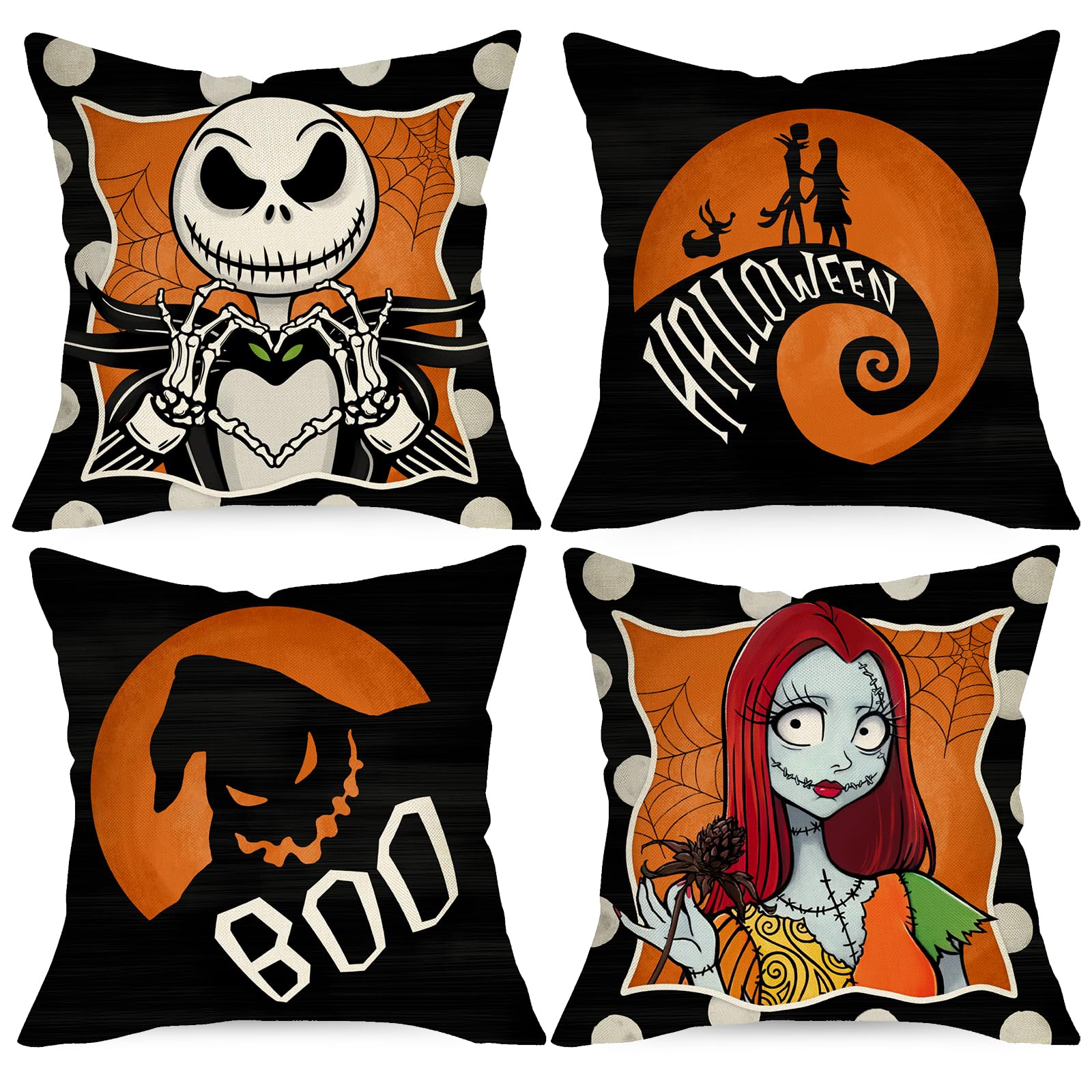 Ussap Halloween Decorative Throw Pillow Covers 20 X 20 Set Of 4, Jack Skellington Sally Ghost Boo Black Cushion Case Decor, Polk