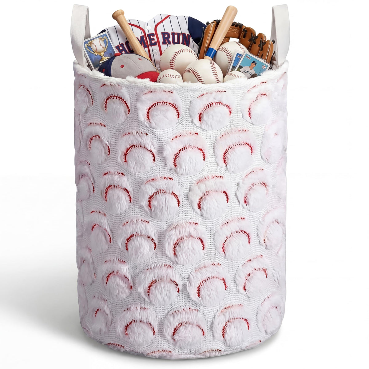 Peryiter Fluffy Baseball Laundry Basket 17.7in X14in Sports Theme Drity Clothes Hamper with Velet Handle Baseball Storage Basket