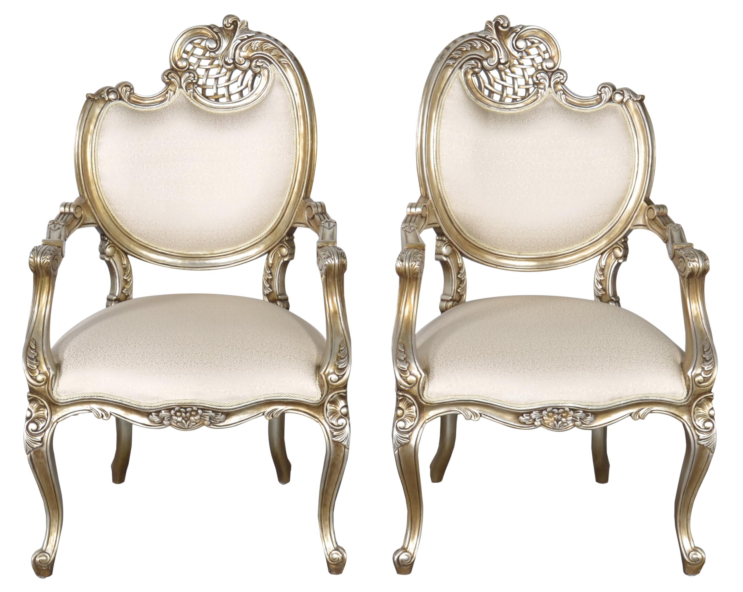 AFD Home Pair of French Rococo Mahogany Fire Side Chairs in Platine Silver Finish