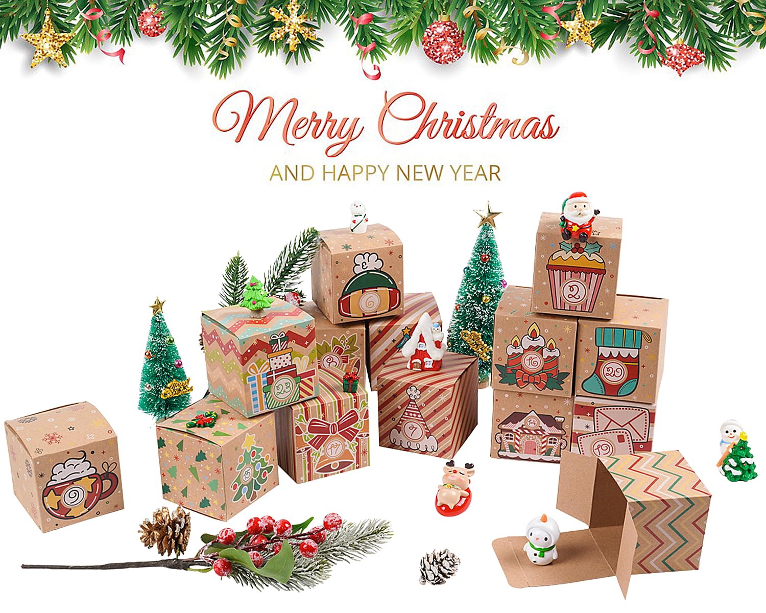 24 Pcs Diy Christmas Empty Advent Calendar 2024, 24 Days Cute Kraft Paper Christmas Cardboard Number Boxes Christmas Countdown C
