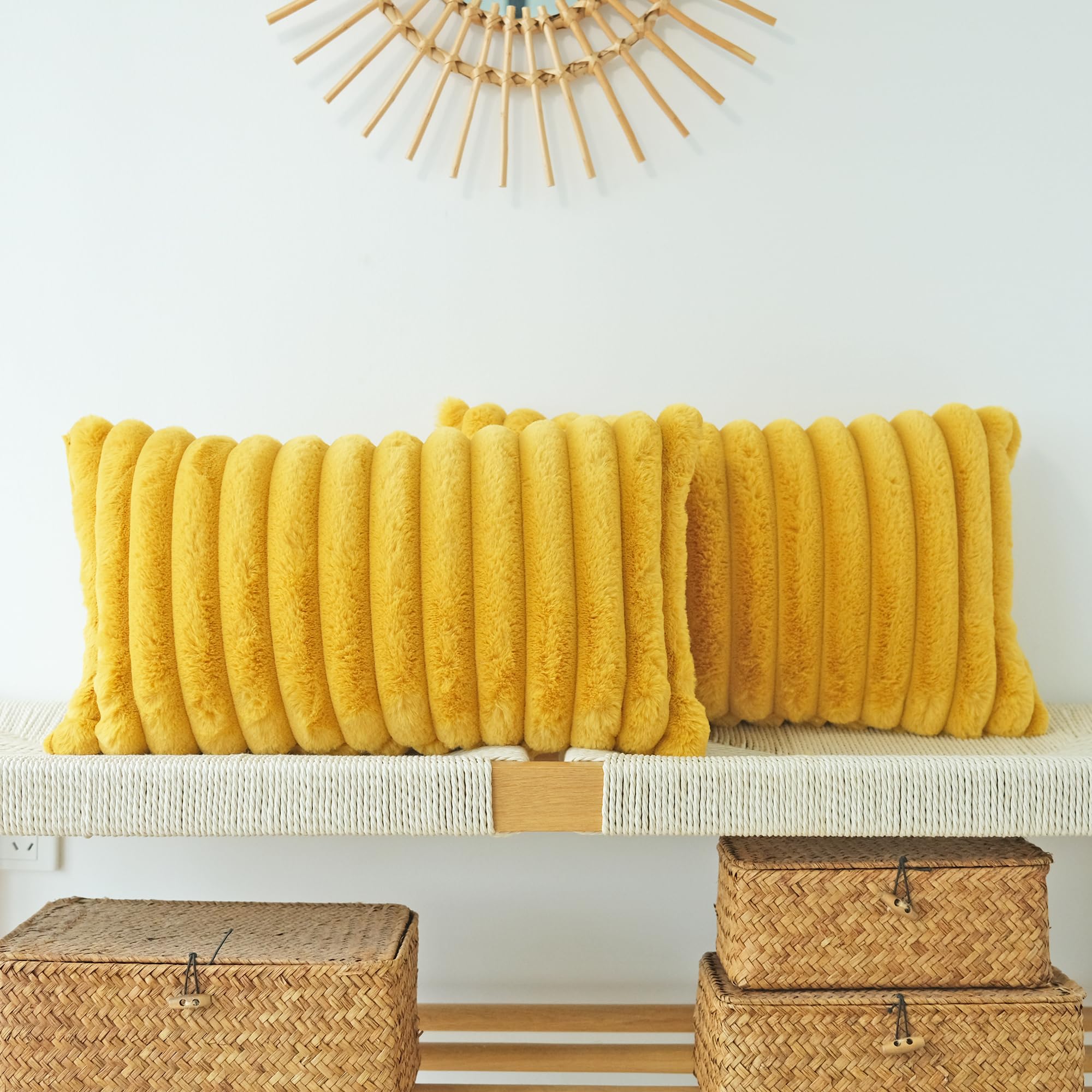 Jojusis Pack Of 2 Faux Fur Plush Decorative Throw Pillow Covers Couch Cushion Case Soft Pillowcases (Mustard Yellow, 12 X 20-Inc