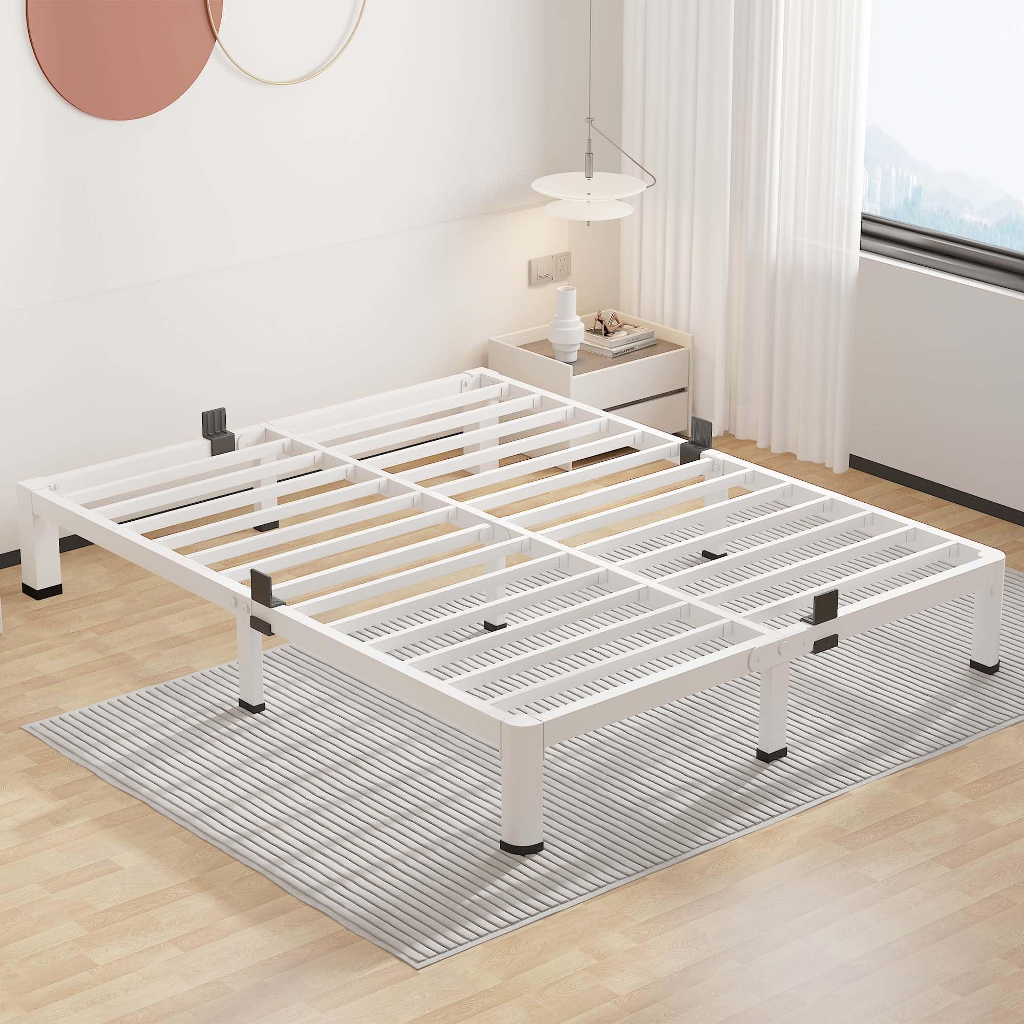 ROIL 7 Inch White King Bed Frame with Rounded Corner and Mattress Retainers, 3500LBS Heavy Duty Steel Slats No Box Spring Needed