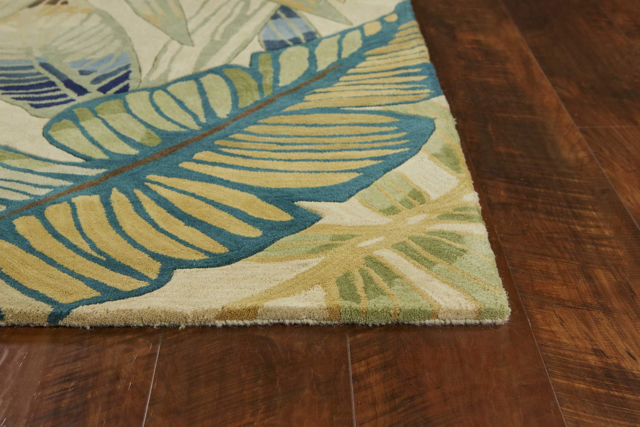 HomeRoots Wool 8'x10' Ivory Teal Hand Tufted Tropical Leaves Indoor Area Rug