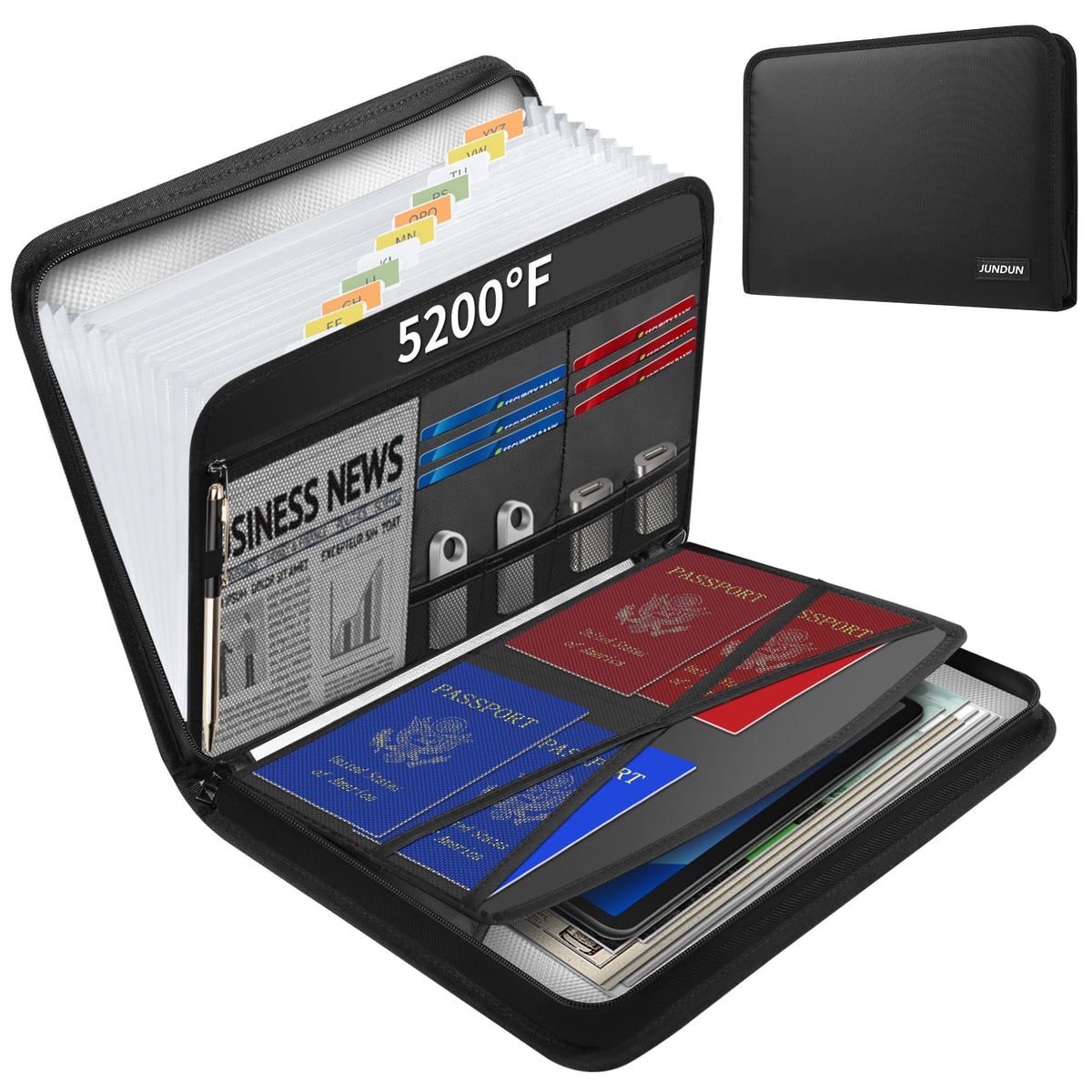 Jundun 5200? Fireproof Document Organizer, Multi-Pockets Accordion File Organizer With Zipper & Labels, Upgraded Heat Insulated