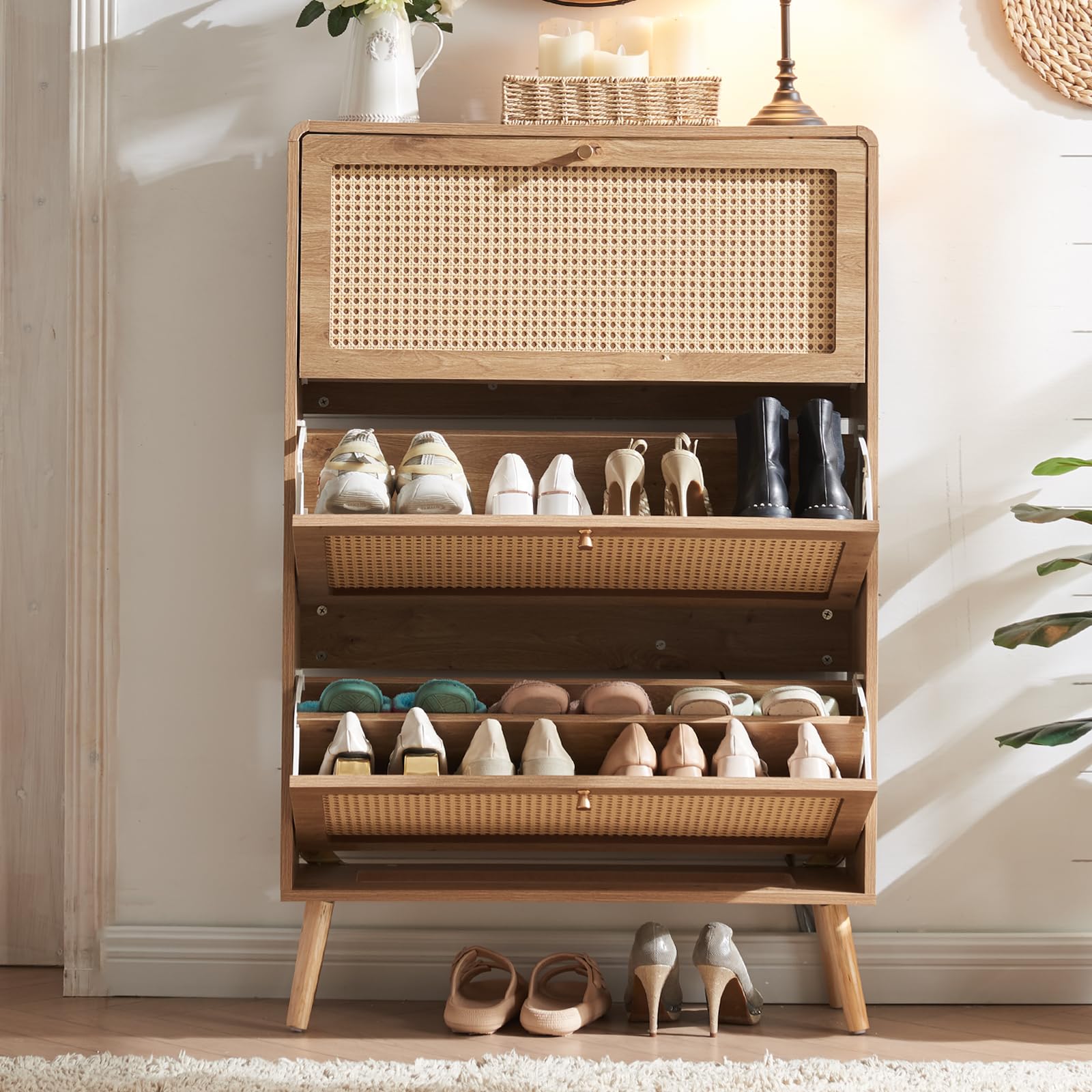 Anewome Rattan Shoe Cabinet with 3 Flip Drawers, 24 Pairs Shoe Storage Cabinet for Entryway Freestanding Hidden Shoe Rack with D