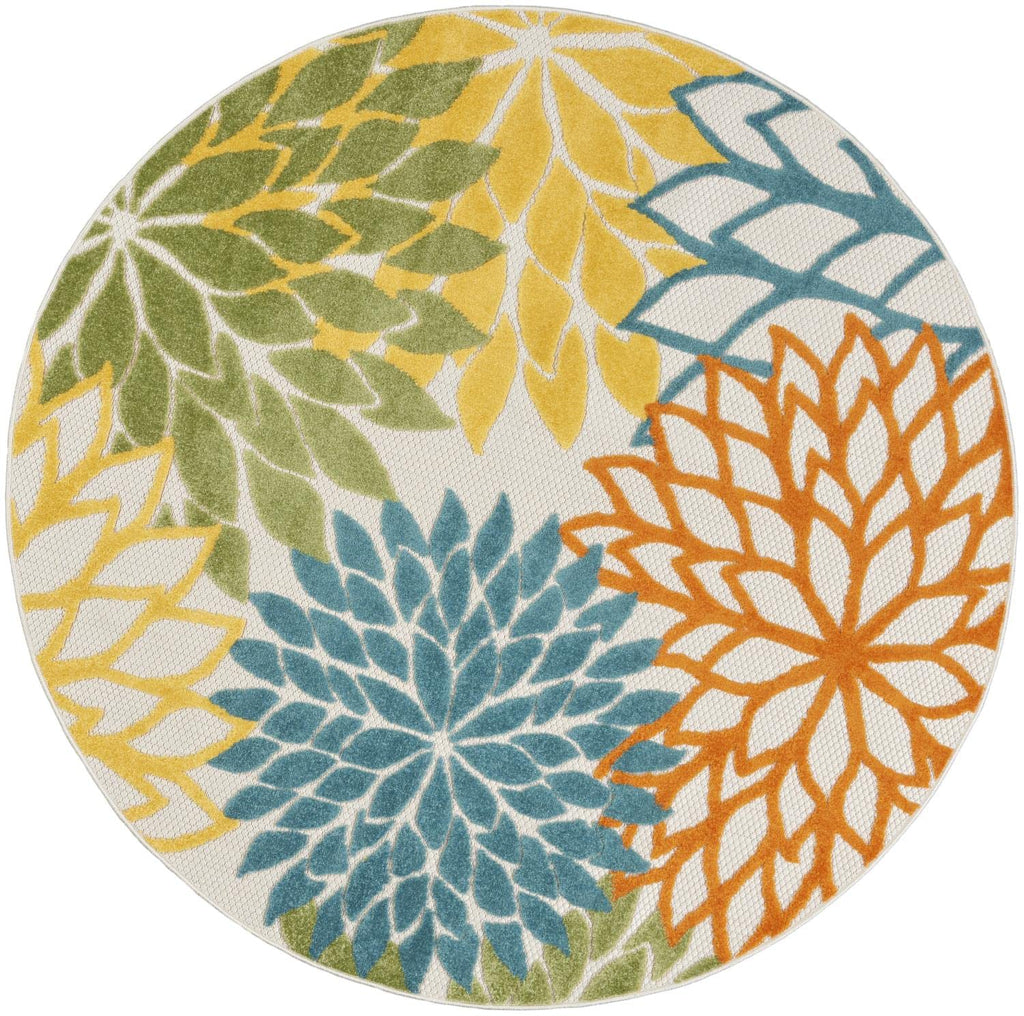 Nourison Aloha Indoor/Outdoor Floral Turquoise Multicolor 5'3' X Round Area Rug, (5' Round)