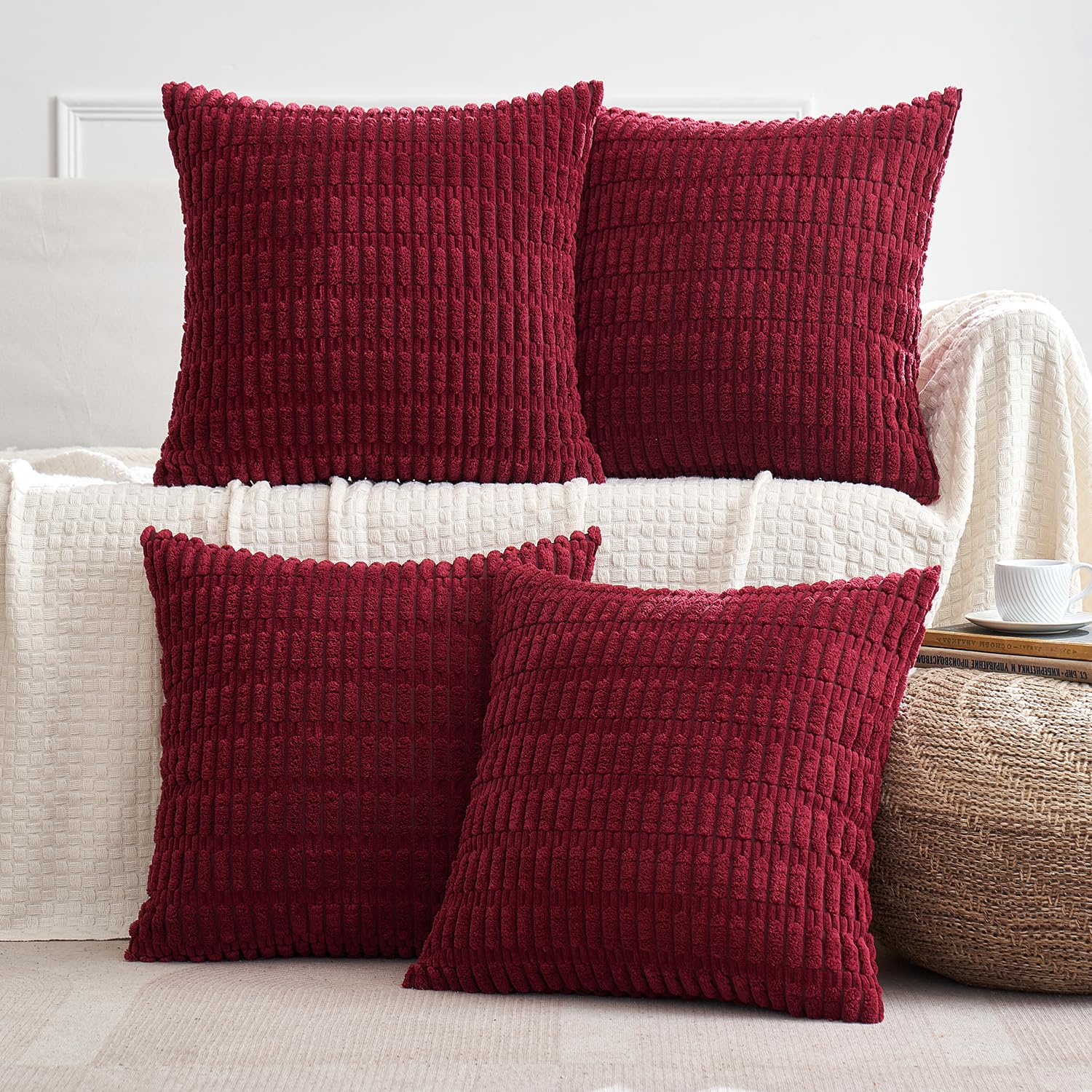 Miulee Christmas Pack Of 4 Wine Red Corduroy Decorative Throw Pillow Covers 20X20 Inch Soft Boho Striped Pillow Covers Modern Fa