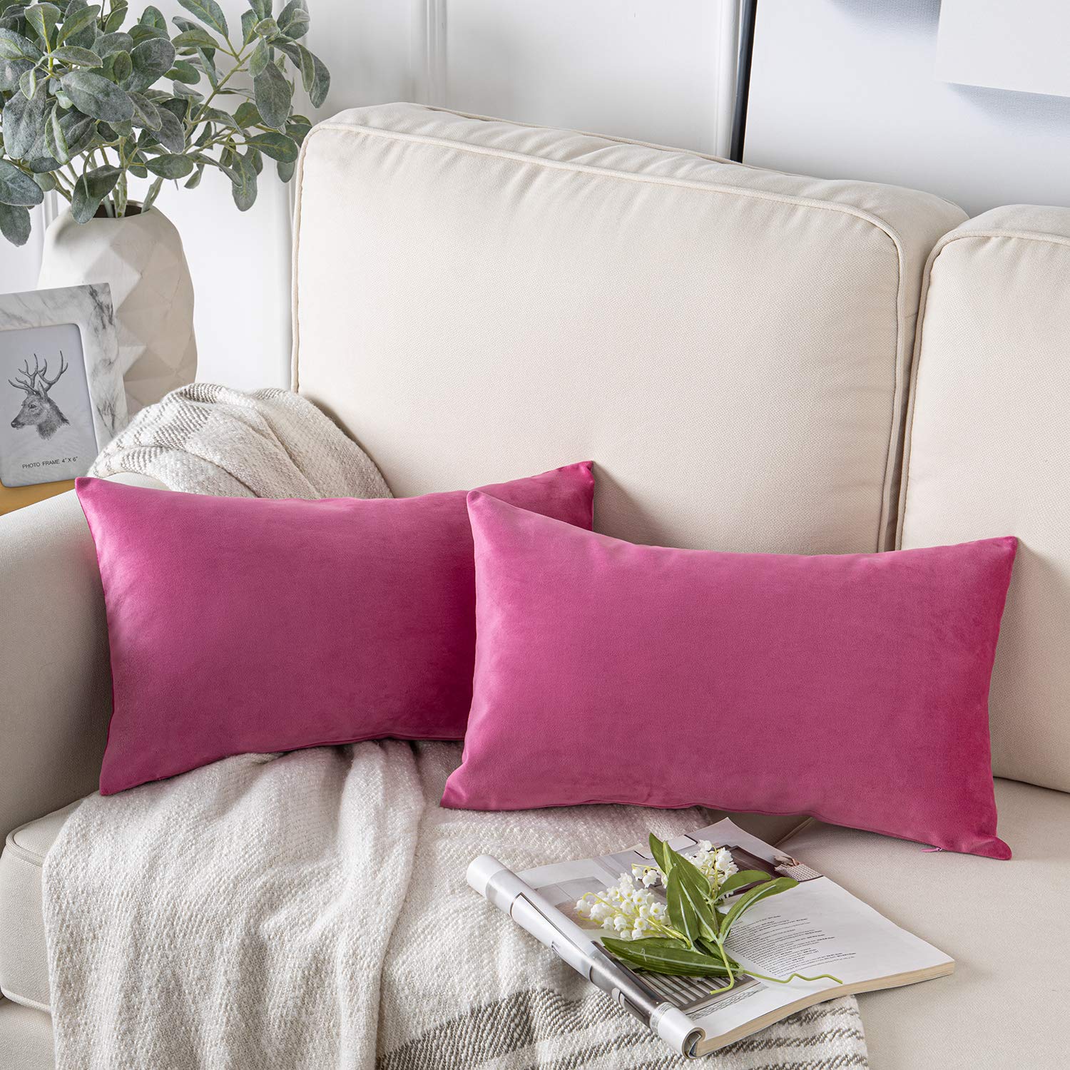 Phantoscope Pack Of 2 Velvet Decorative Throw Decorative Pillow Cover Soft Solid Square Cushion Case For Couch Pink 12 X 20 Inch