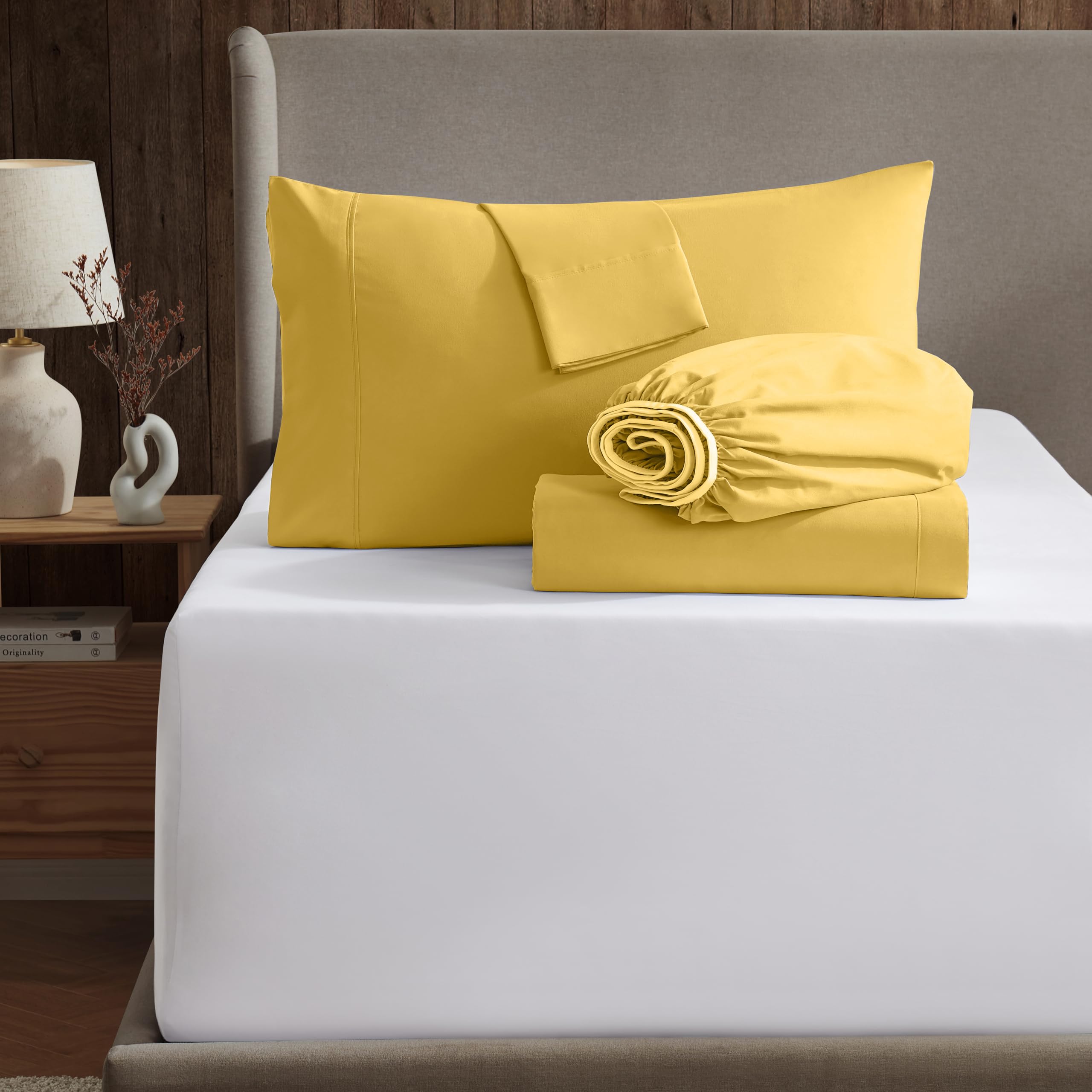Nestl Extra Twin Deep Pocket Sheets Set - 4 Pc Soft Microfiber Twin Sheets Deep Pocket - Fade Resistant Bedding Sheets & Pillowcases - Twin, Yellow