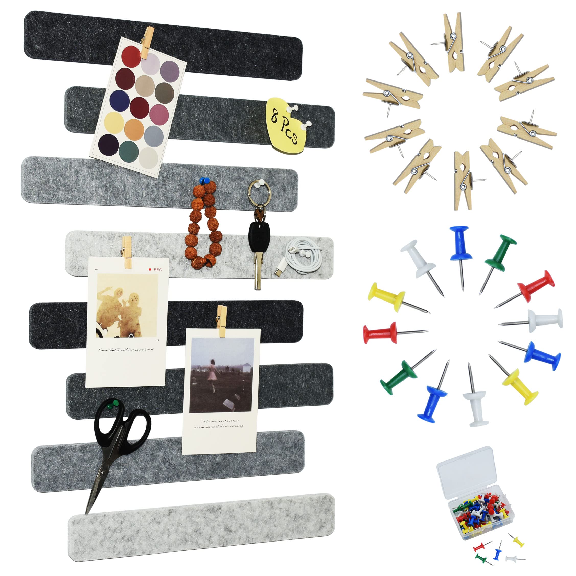 Youdeful Gray Bulletin Board Strips, 8Pcs Felt Pin Board Bar Strips With 50 Pushpins, Self-Adhesive Felt Cork Board Strips For W