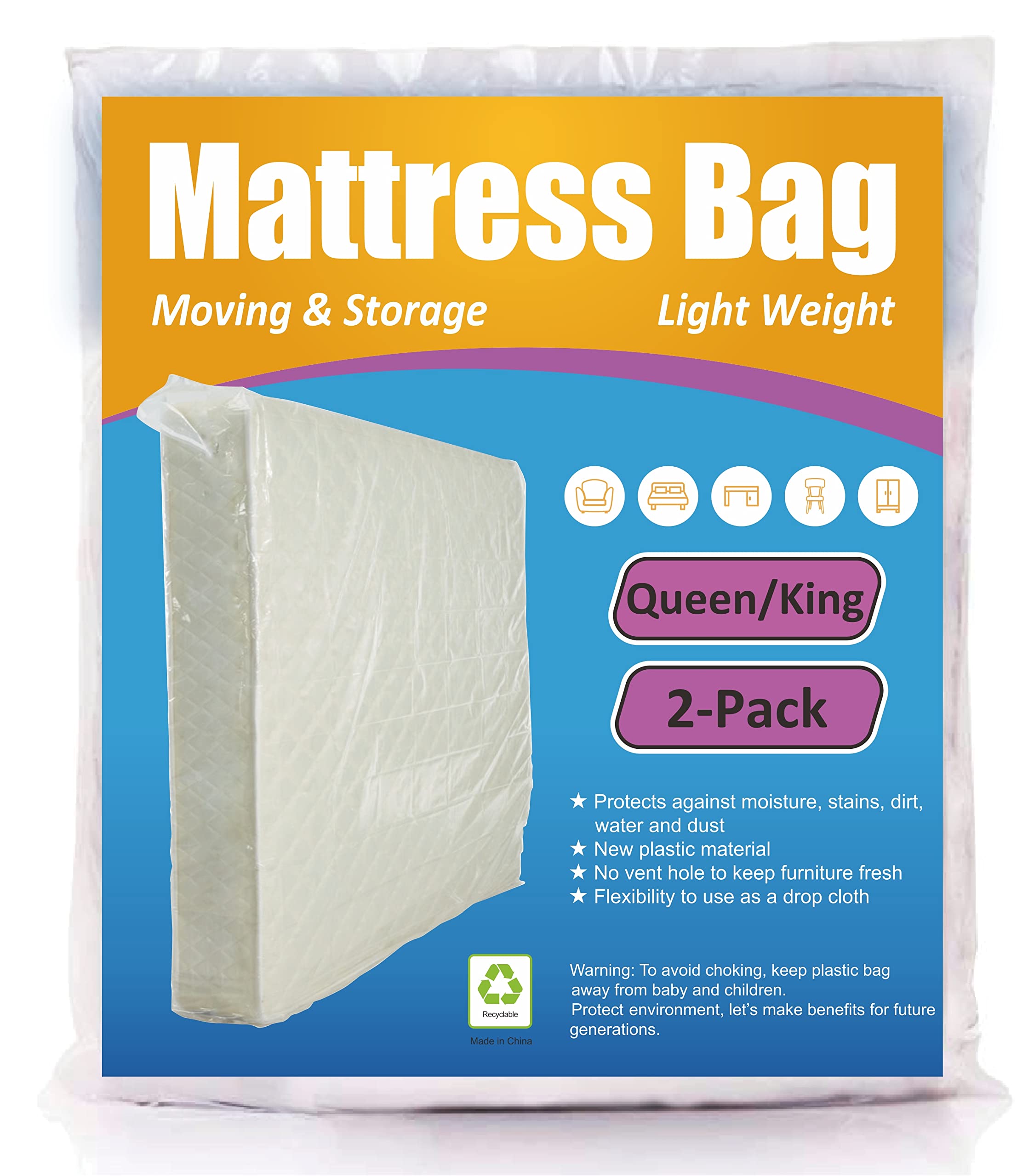 Comforthome Mattress Bag For Moving And Storage, Fits Queen And King Size Mattress, 2 Pack, Clear