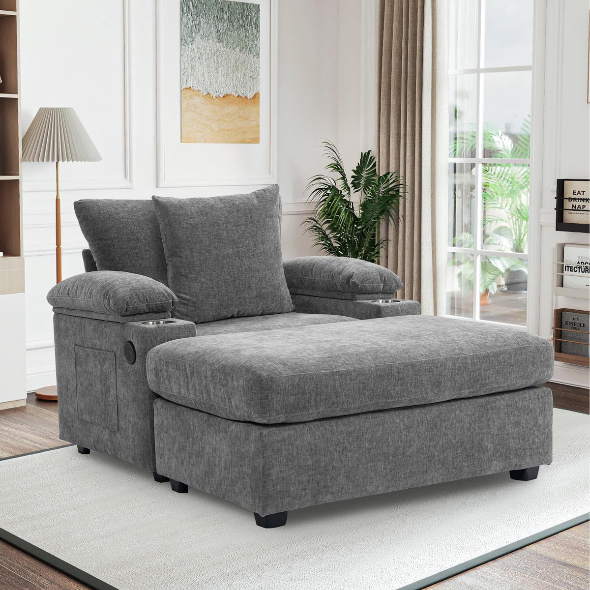 Capcaek Indoor Oversized Chaise Lounge Chair With Storage Armrest, Ottoman & Usb Cup Holders, Modern Chenille Sleeper Sofa With