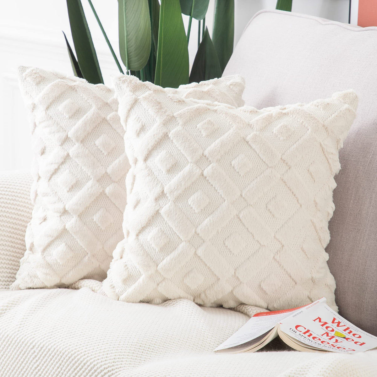 Madizz Set Of 2 Soft Plush Short Wool Velvet Decorative Throw Pillow Covers 24X24 Inch Beige Square Luxury Style Cushion Case Eu