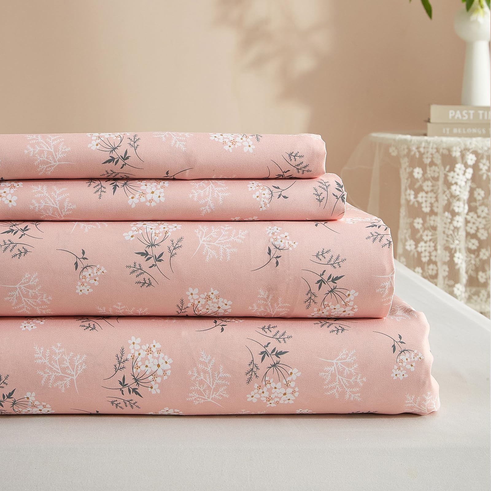 4 Piece Floral Sheets Full Sheet Sets - Luxury Soft Cooling Bed Sheet Set Pink Floral - 16' Deep Pocket Sheets Full,All Season