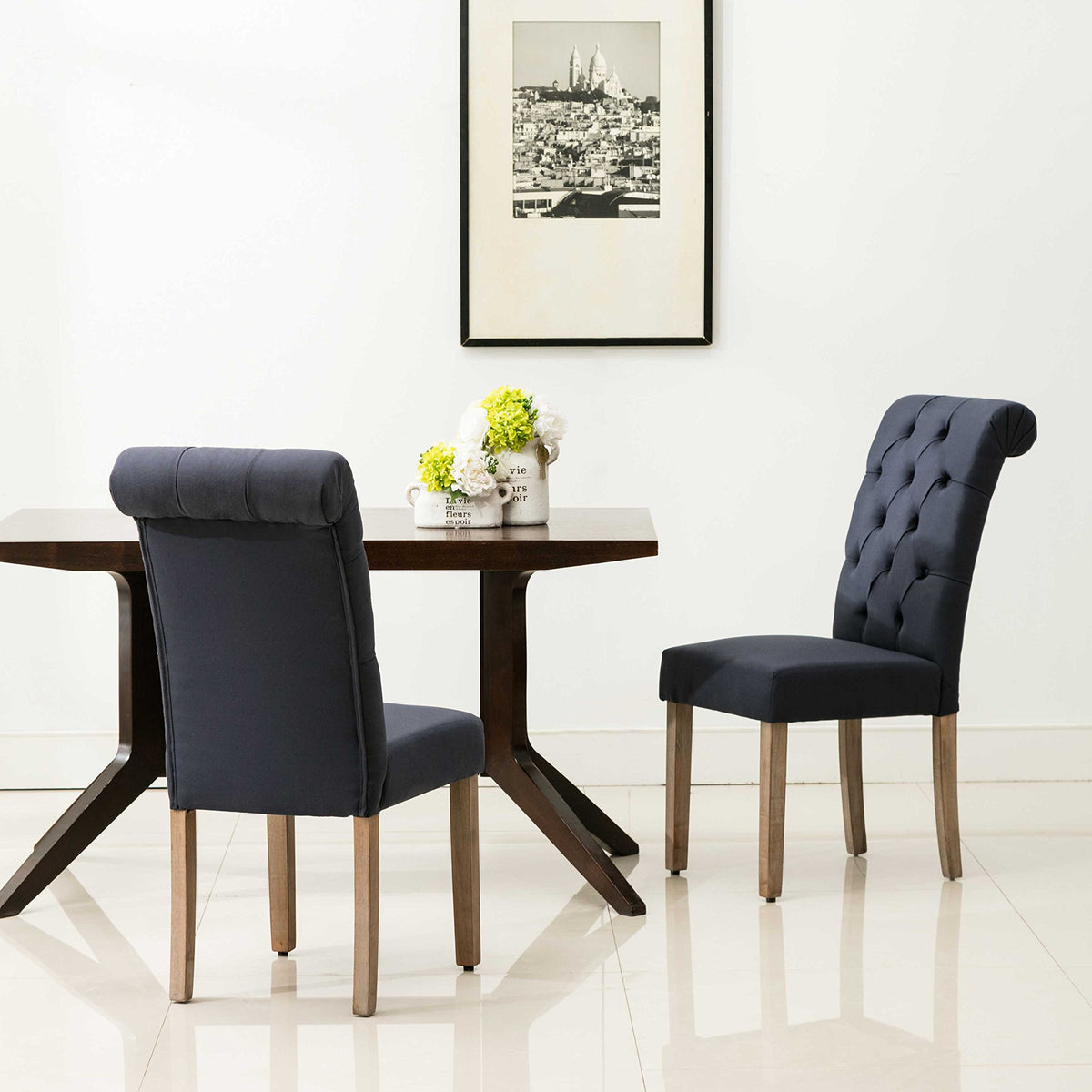 HomeRoots Blue Roll Top Tufted Linen Fabric Modern Dining Chair in a Set of 2