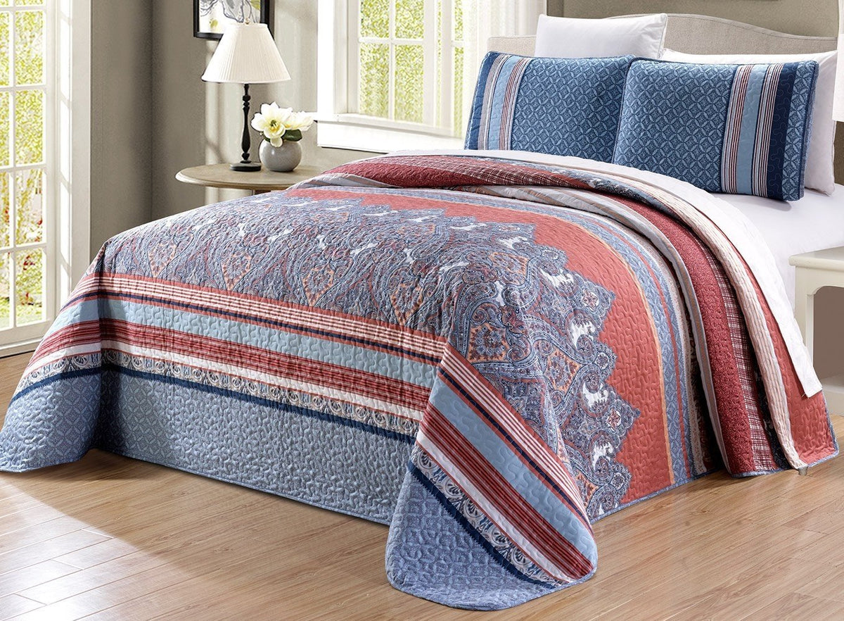 Grand Linen 3-Piece Oversize (100' X 95') Fine Printed Prewashed Reversible Bedspread Coverlet Set Full/Queen Size Bed Cover (