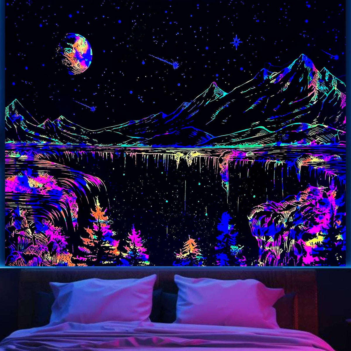 Apdidl Blacklight Mountains Tapestry For Bedroom Aesthetic Space Moon And Stars Starry Night Wall Tapastries Nature Forest Black