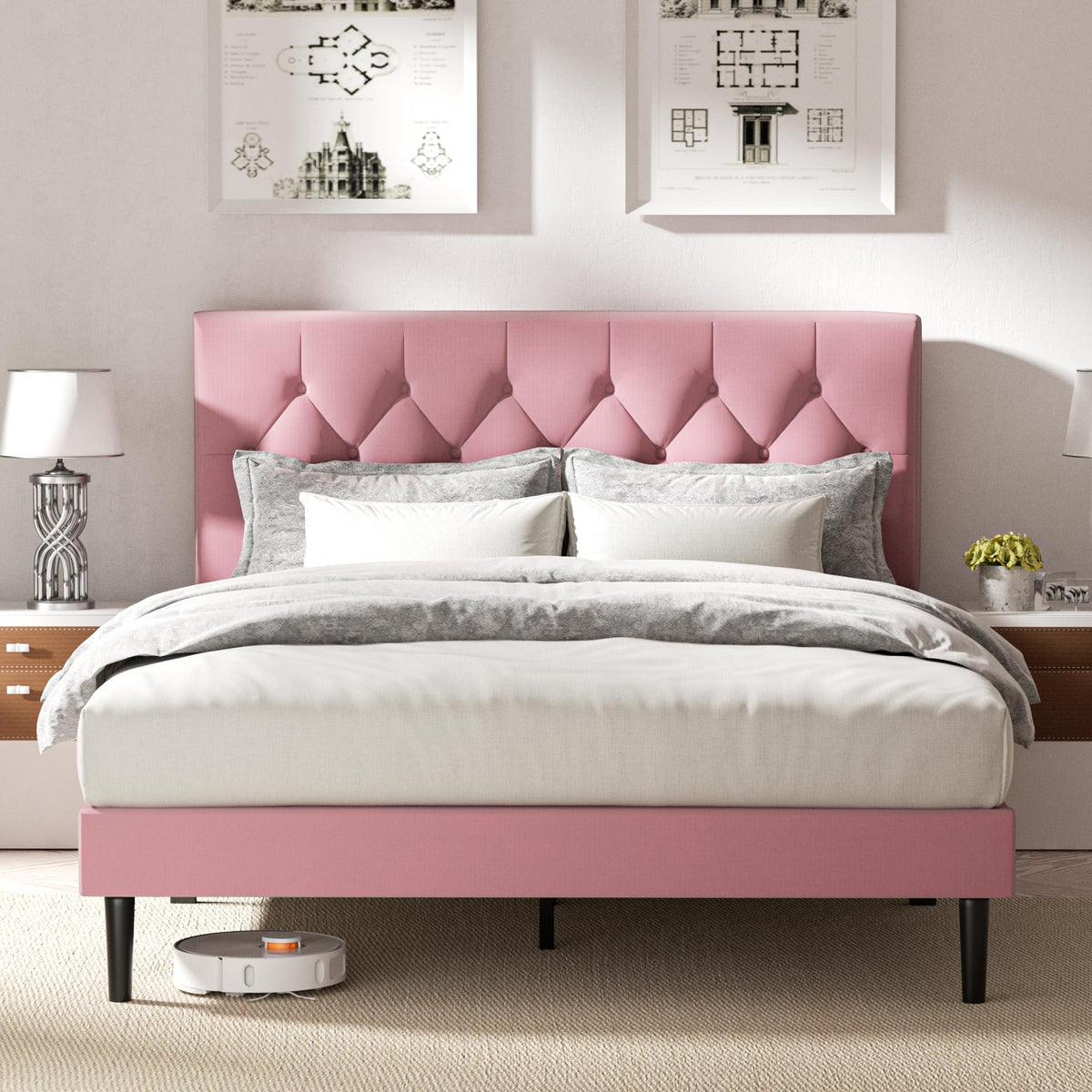 Queen Size Platform Bed Frame With Velvet Upholstered Headboard, Button Tufted Design, No Box Spring Needed, Pink