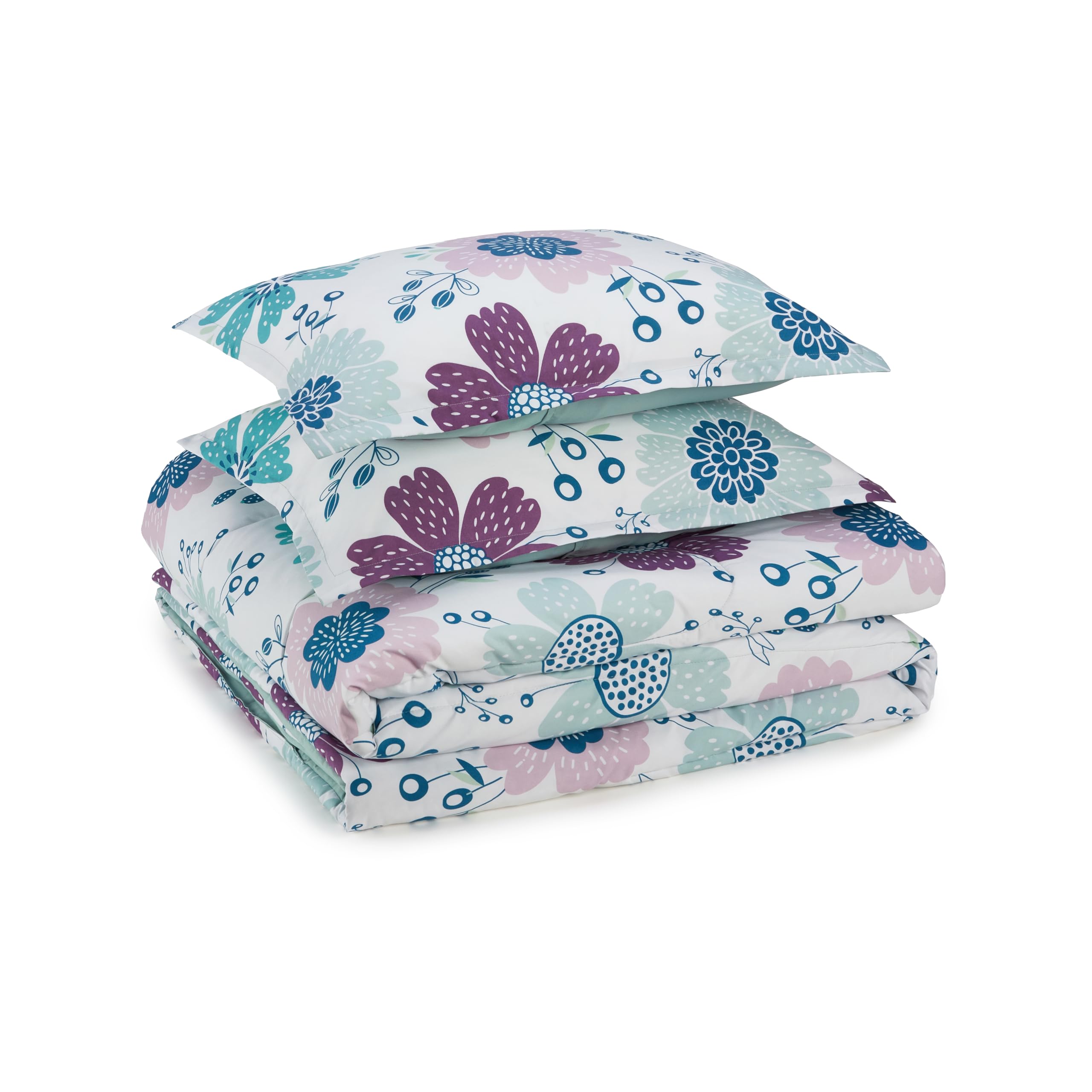 Amazon Basics - 3 Piece Microfiber Kid'S Comforter And Pillow Sham Set, Full/Queen, Purple Flowers, Bluish Pink, Floral