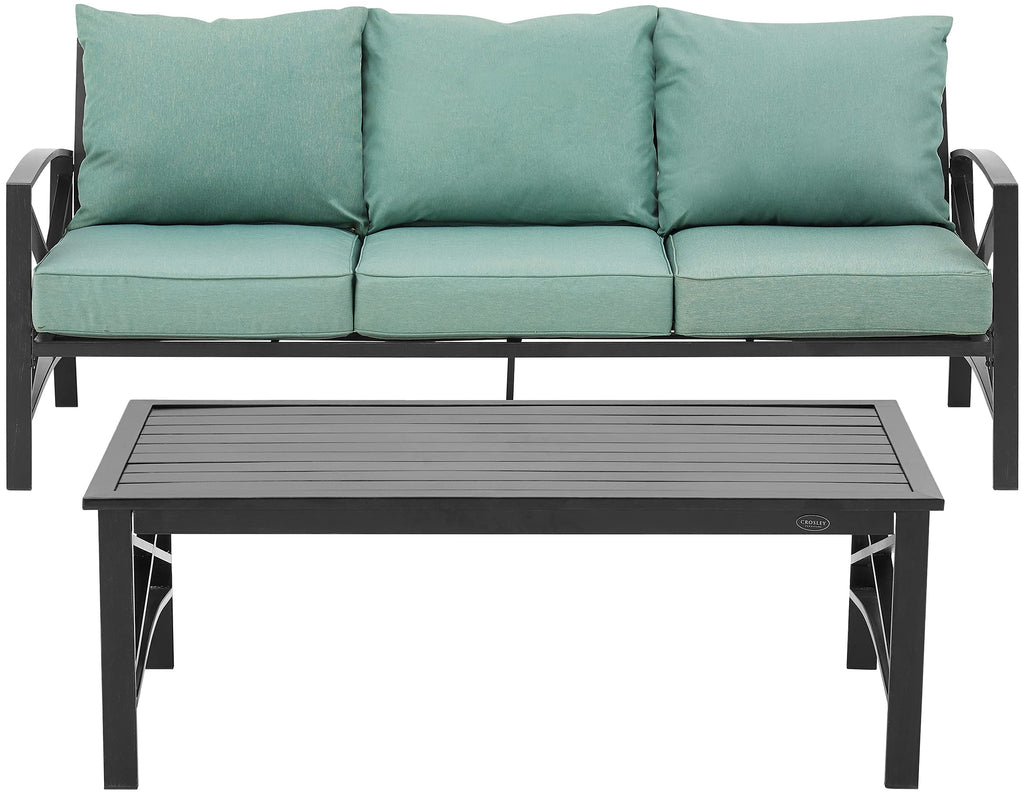 Crosley Furniture Kaplan 2-Piece Outdoor Sofa Patio Furniture Set, Conversation Sets For Porch, Deck, Oiled Bronze With Mist Cushions