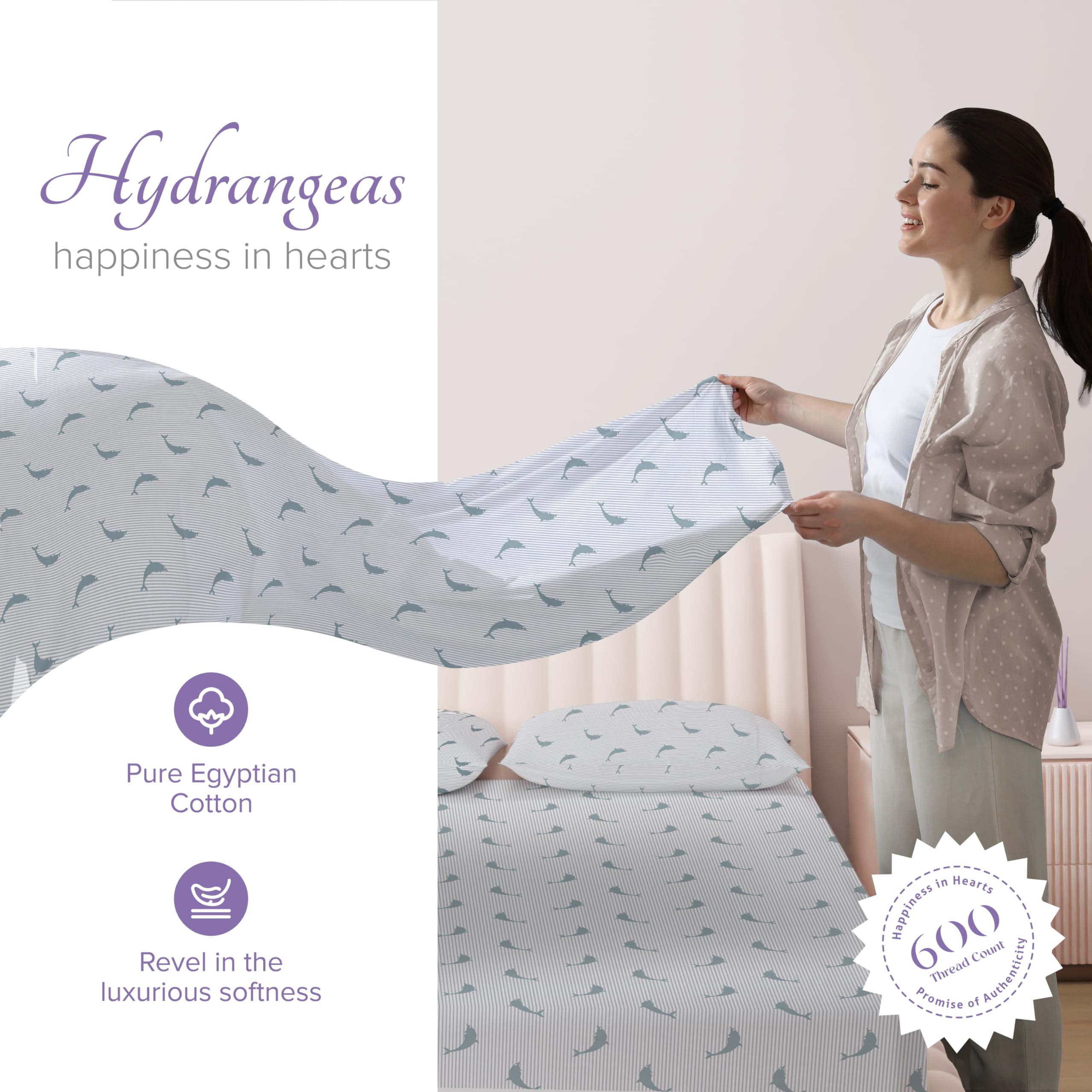 Carressa Linen Luxury Egyptian Cotton Queen Printed Sheet Set - 600 Thread Count Extra Long Staple 4 Pc Set, Dolphin Dance Queen