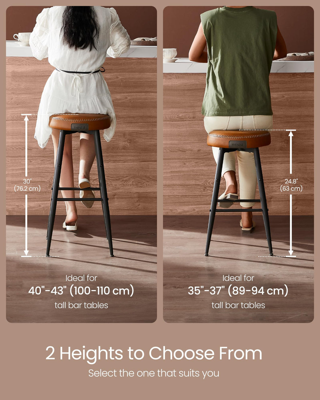 Vasagle Ekho Collection - Bar Stools Set Of 2, Counter Height Bar Stools, Kitchen Counter Stools, Mid-Century Modern Backless Counter Stools, 24.8-Inch Tall, Kitchen Island Home Bar, Ink Black