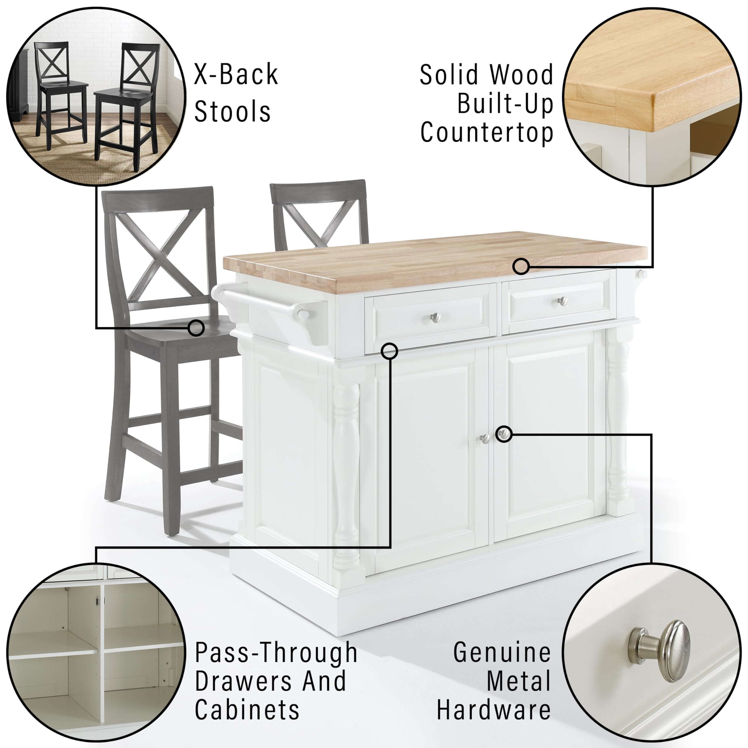 Crosley Furniture Oxford Butcher Block Kitchen Island, Coffee Bar, with a Set of 2 X-Back Stools, White