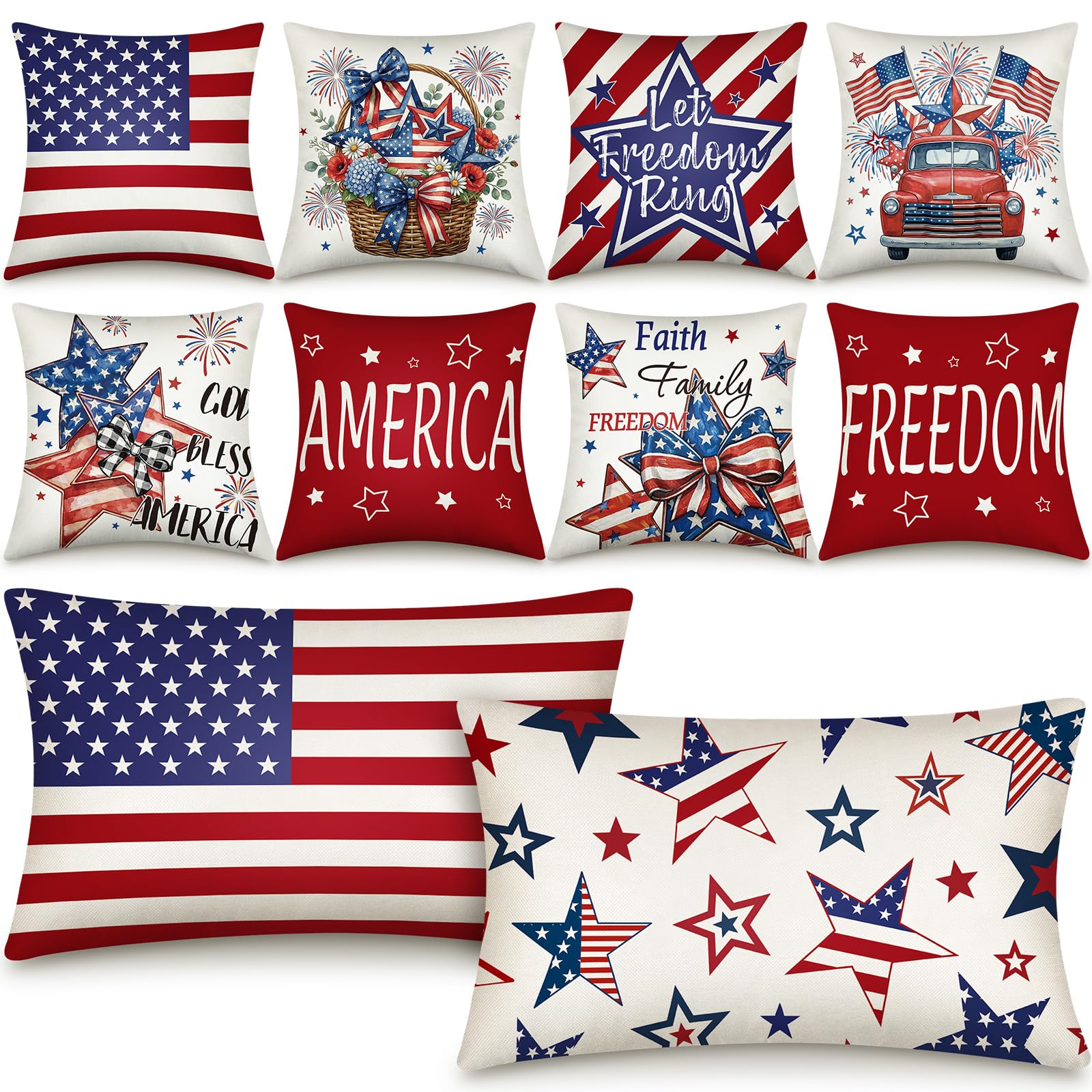 Newwiee 10 Pcs 4th of July Pillow Covers 18x18 Red White Blue Throw Pillows Covers 250th Anniversary Patriotic Pillow Cover for 