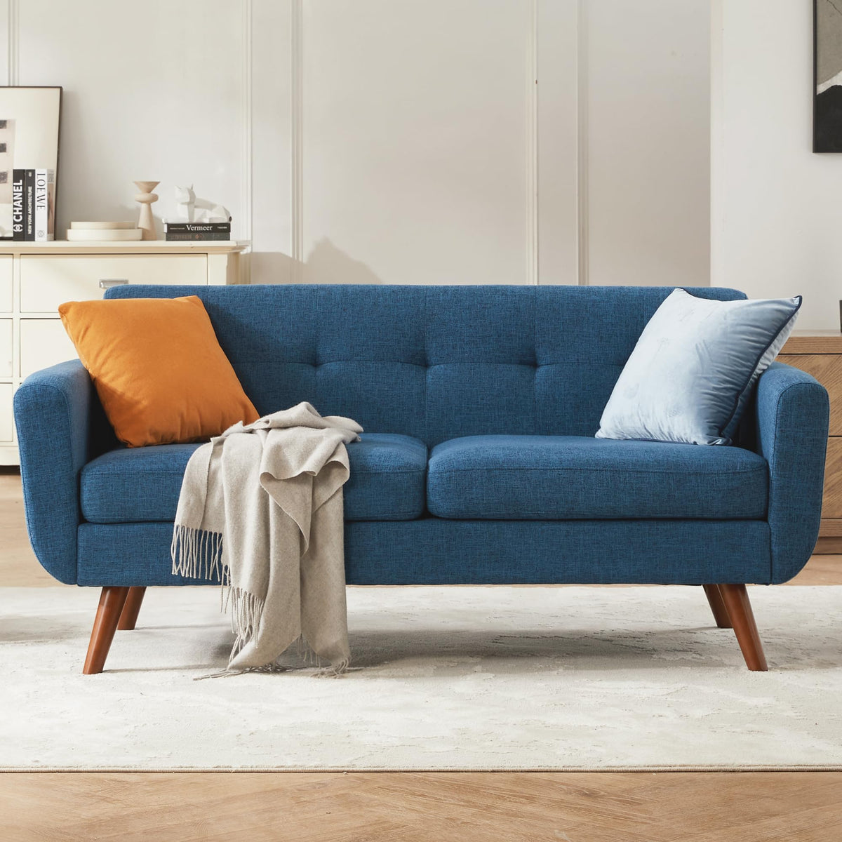 Tbfit 65'' W Loveseat Sofa, Mid Century Modern Decor Love Seat Sofas and Couches for Living Room, Button Tufted Upholstered Smal