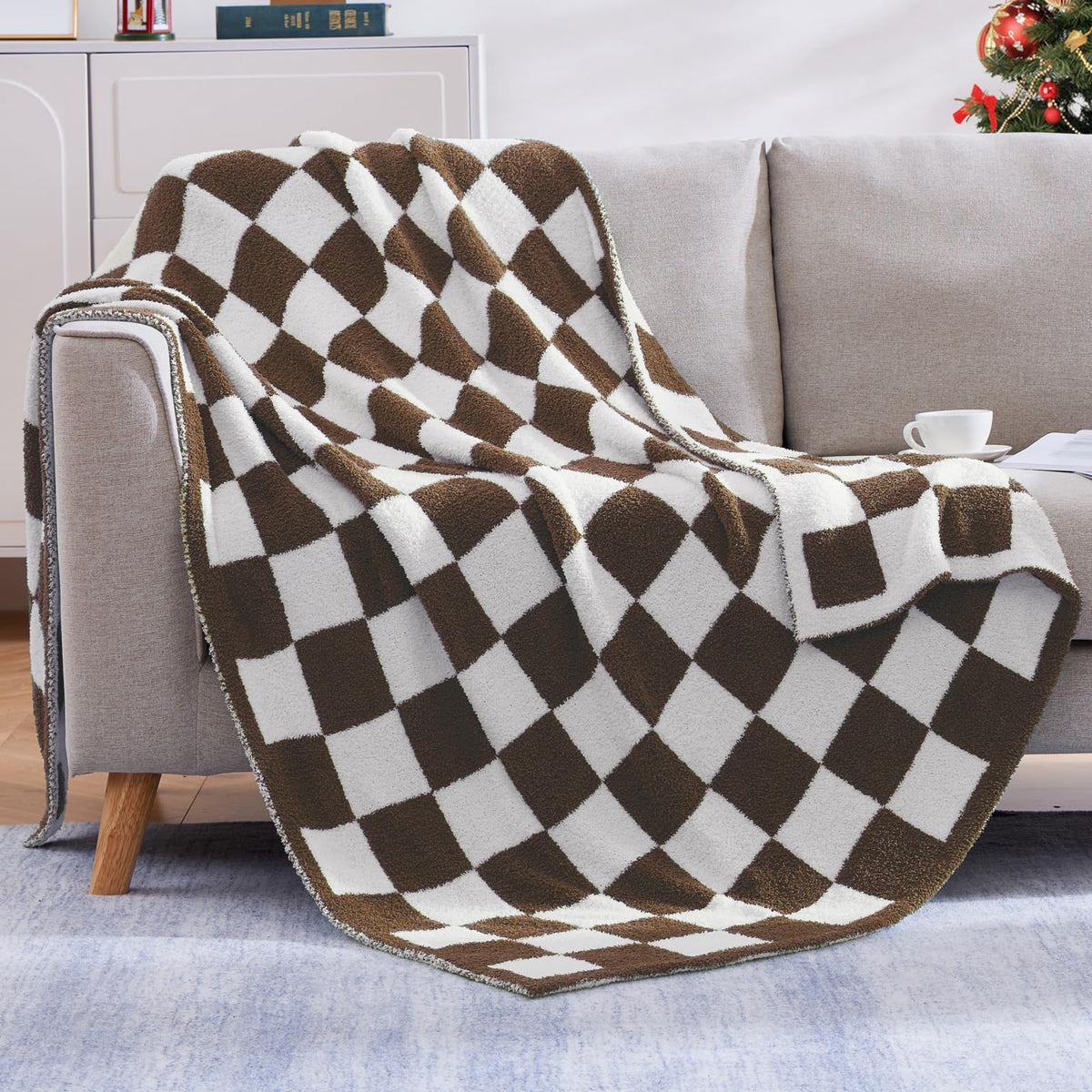 Wrensonge Checkered Throw Blanket, Coffee Microfiber Soft Cozy Fluffy Warm Hand Made Throw Blankets For Couch, Sofa, Chair, Bed,