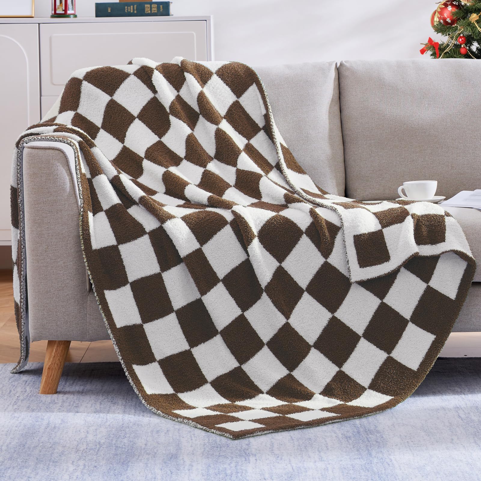 Wrensonge Checkered Throw Blanket, Coffee Microfiber Soft Cozy Fluffy Warm Hand Made Throw Blankets For Couch, Sofa, Chair, Bed,