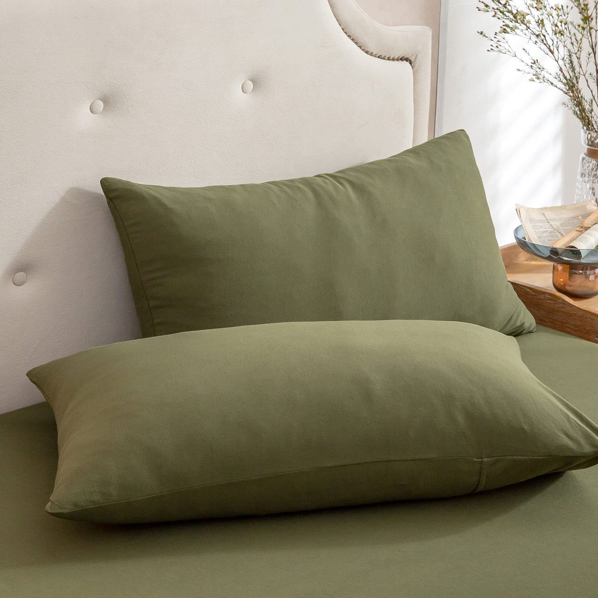 Pure Era Jersey Knit Pillowcases 100% T-Shirt Cotton Super Soft Comfy Breathable, Set Of 2, King 20' X 36', Solid Olive Green