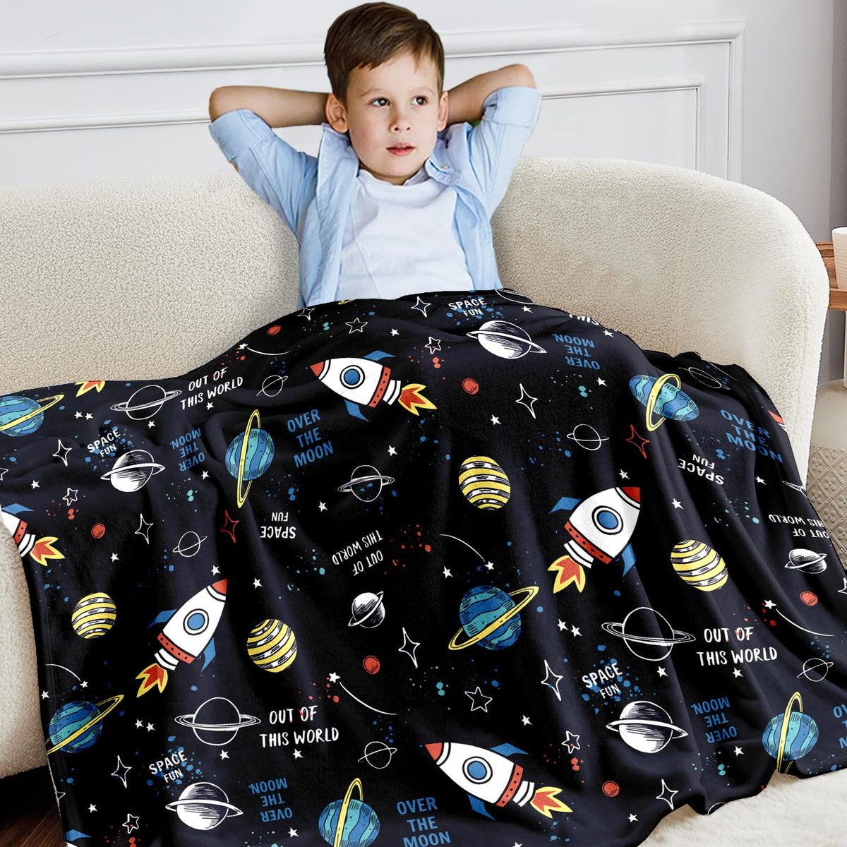 Wajade Toddler Fleece Space Blanket For Boys Kids 3D Space Rocket Planets Soft Throw Blanket Birthday Christmas Halloween Space