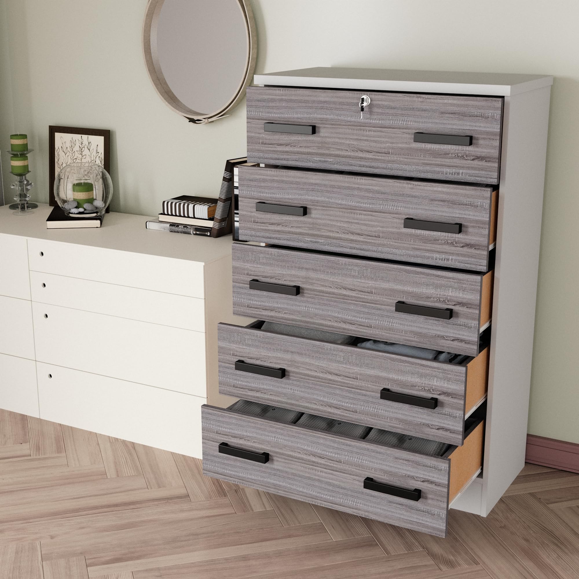 Cindy 5 Drawer Chest Wooden Dresser with Lock (White & Grey)
