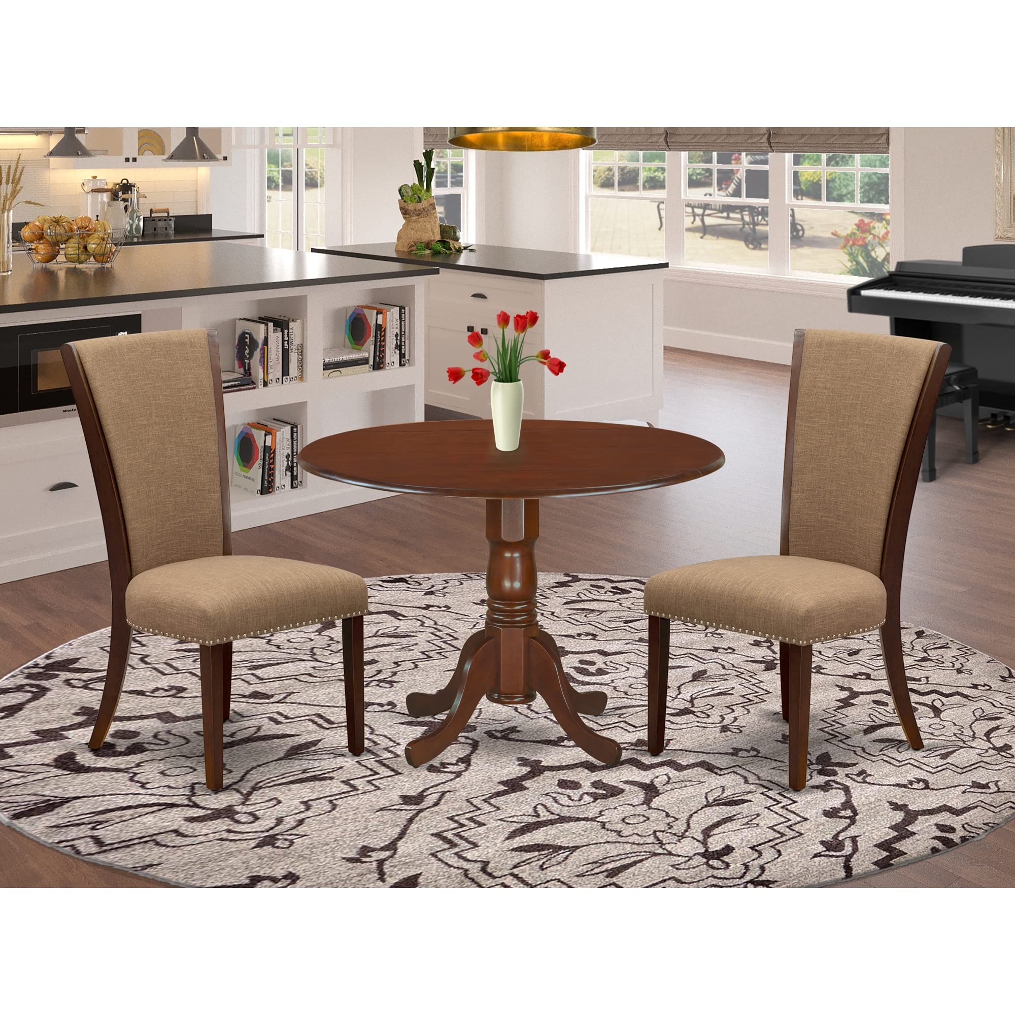 East West Furniture Dlve3-Mah-47 3 Piece Kitchen Table Set Contains A Round Dining Table With Dropleaf And 2 Light Sable Linen Fabric Upholstered Chairs, 42X42 Inch, Mahogany