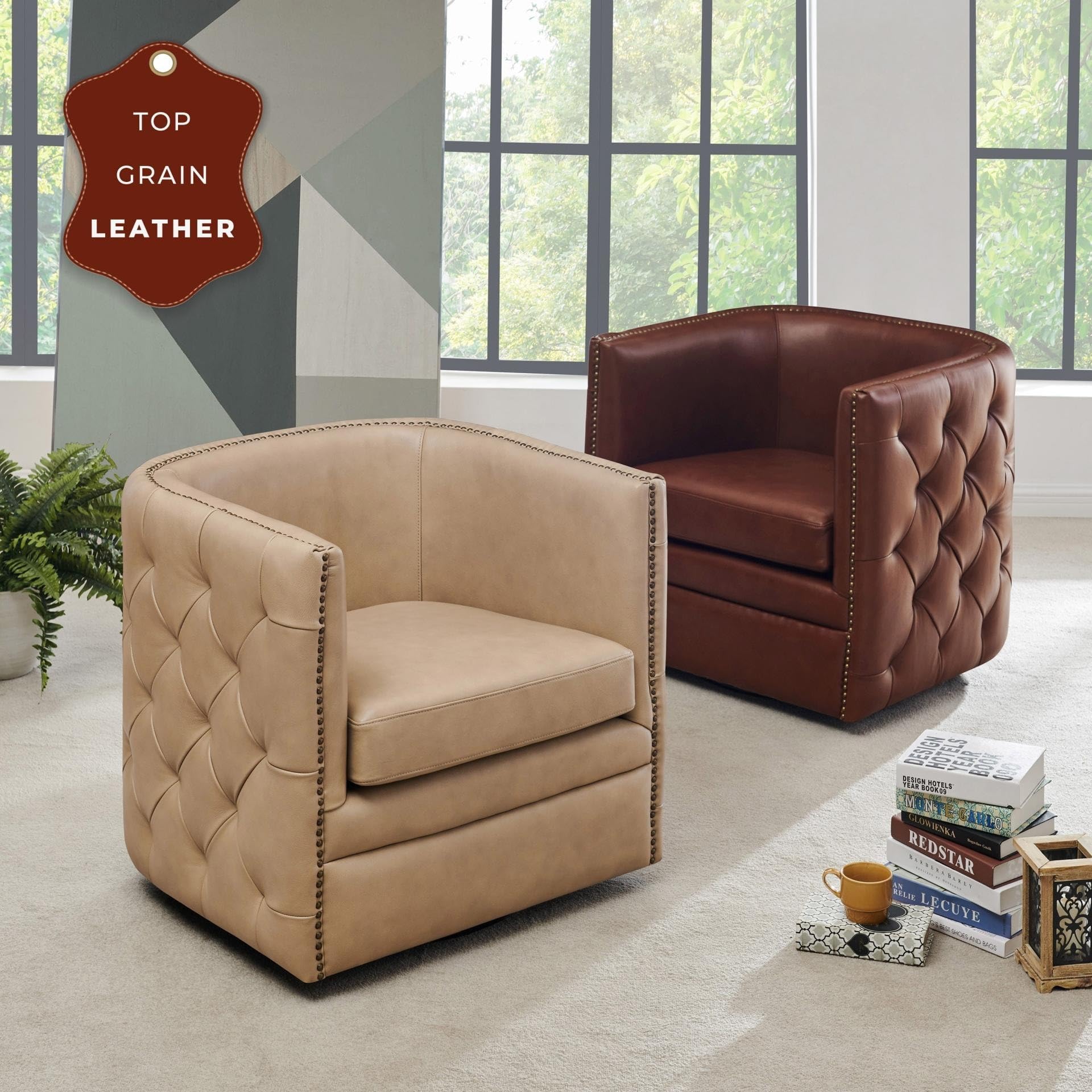 Overstock Leslie Top Grain Leather Swivel Tufted Chair Brown
