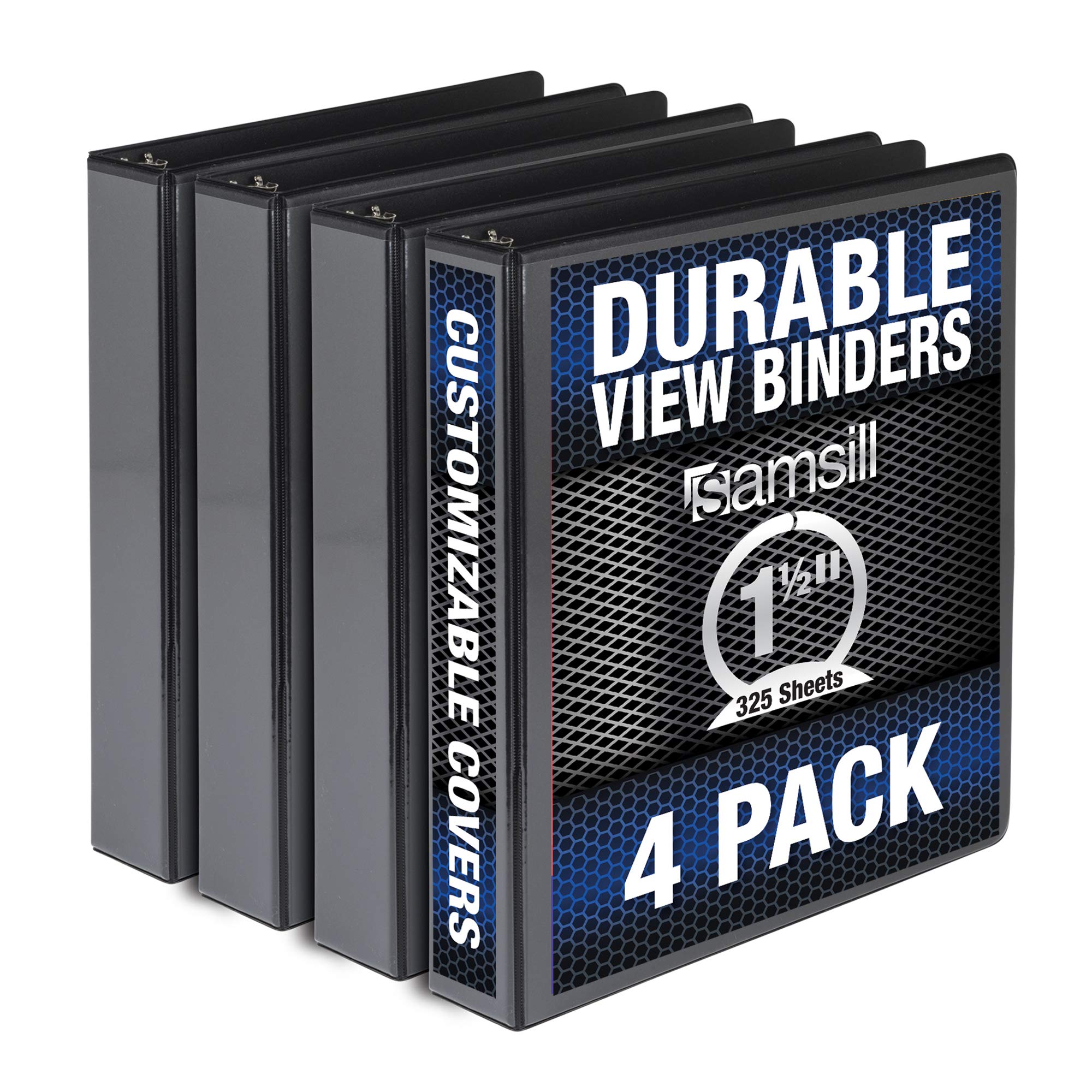 Samsill Durable 1.5 Inch Binder, Made In The Usa, Round Ring Customizable Clear View Binder, Black, 4 Pack (Mp48450)