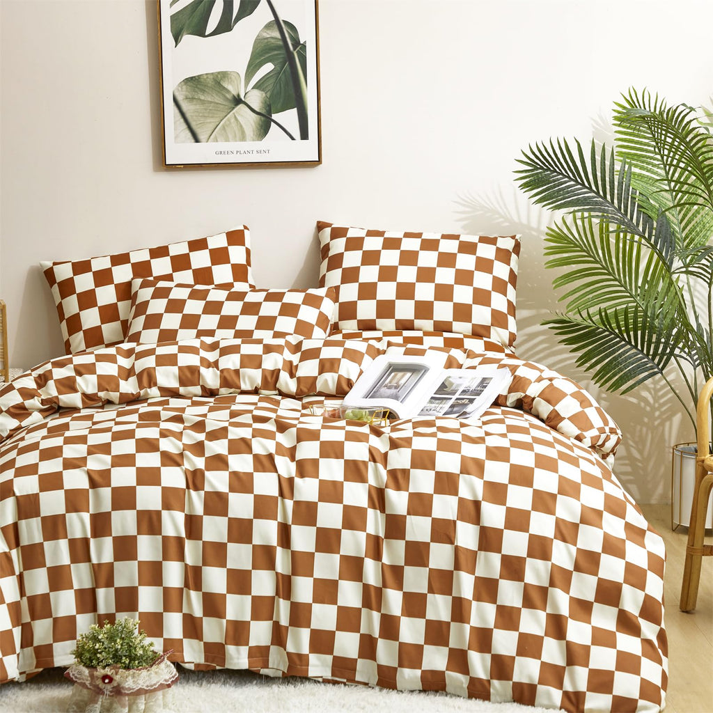 Clothknow Brown Beige Grid Comforter Set Queen 3Pcs Pumpkin Plaid Bedding Comforter Sets Caramel Queen Comforter Checker Queen S